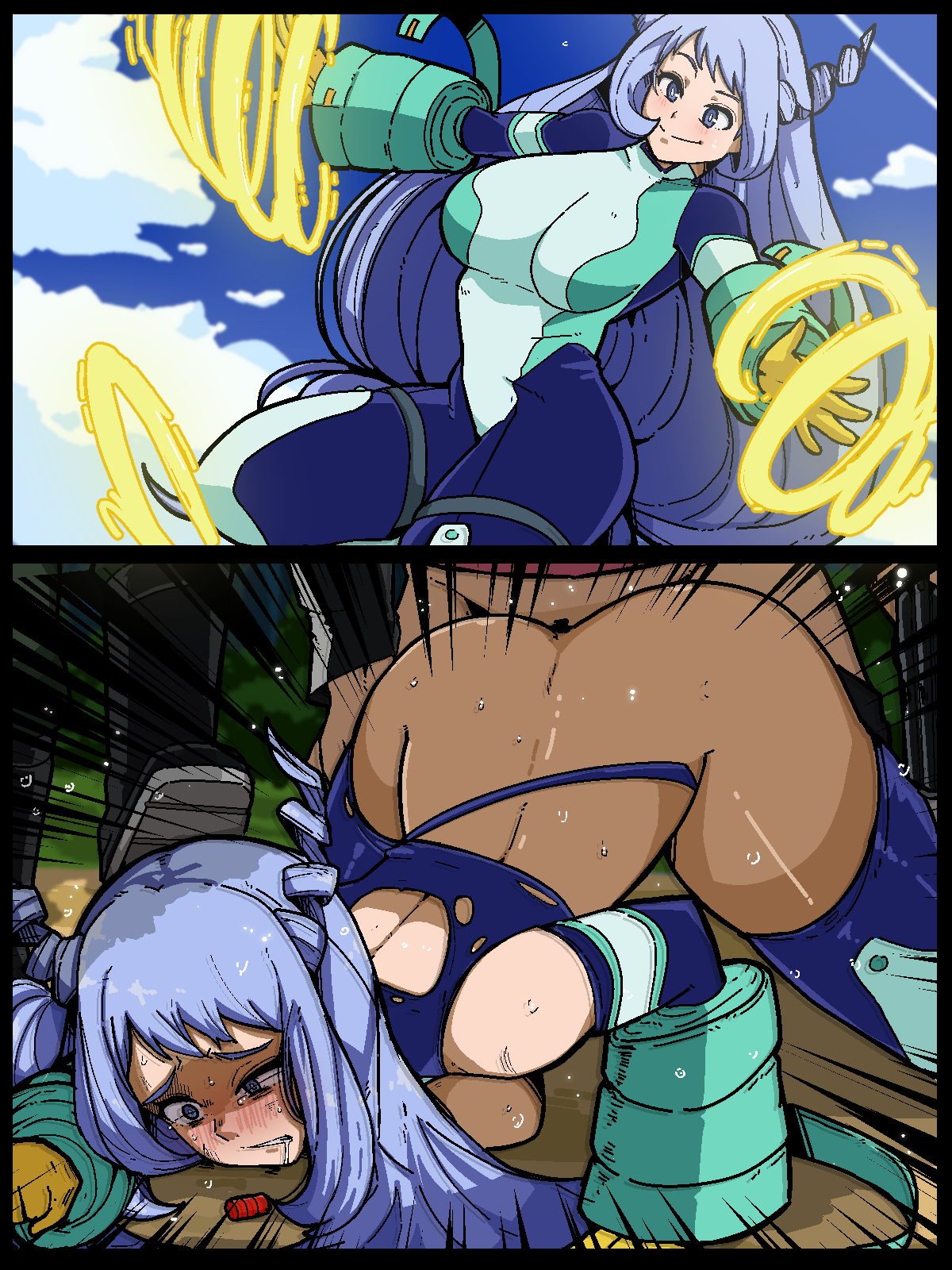 1girls, 2boys, ambiguous penetration, ass, ass up, big breasts, blue eyes, blue hair, blue-haired female, blush, bodysuit, breasts, captured, captured heroine, captured superheroine, clothed sex, crying, crying with eyes open, defeated, defeated heroine, defeated superheroine, embarrassed, face down ass up, female, female human, fit, fit female, forced, hadou nejire, hadou nejire (hero outfit), hero outfit (mha), human, human male, instant loss 2koma, large breasts, light skin, light-skinned female, long hair, male, mark gavatino, my hero academia, nejire hado, nejire hado (hero outfit), penetration, pinned down, pussy, rape, ripped bodysuit, ripped clothing, saliva, scared, sex, sex from behind, sex slave, skin tight, slim waist, superhero costume, superheroine, teenage female, teenager, textless, thick thighs, thighs, top-down bottom-up, torn bodysuit, torn clothes, vaginal penetration, wide hips, younger female