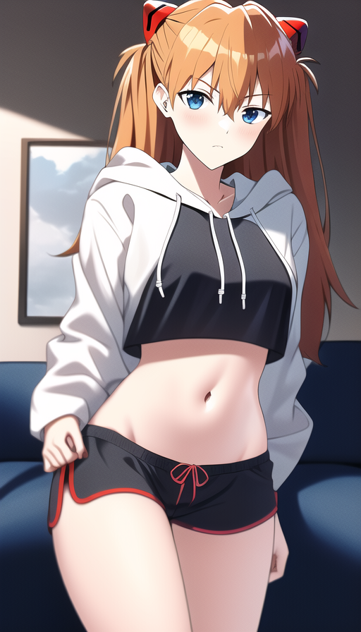 1girls ai_generated asuka_langley_sohryu black_shorts blue_eyes casual cowboy_shot crop_top crop_top_overhang cropped_hoodie dolphin_shorts female hoodie indoors living_room long_sleeves loungewear midriff nai_diffusion navel neon_genesis_evangelion orange_hair short_shorts shorts solo stable_diffusion thighs twintails