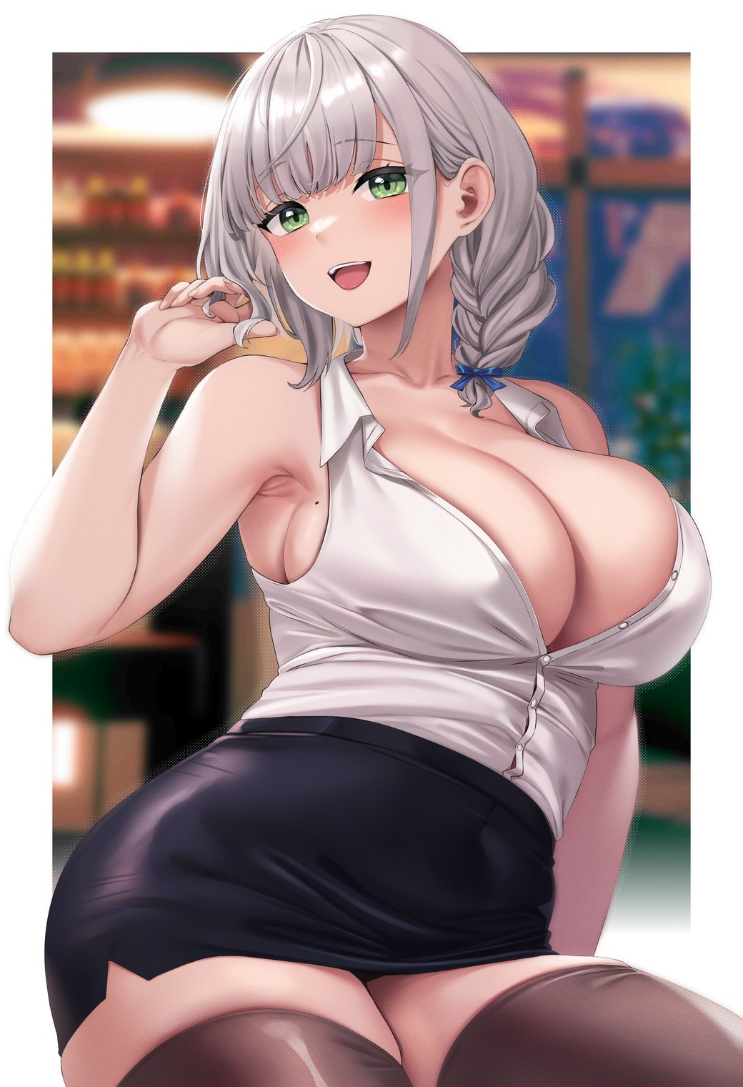 1girls, 2022, bare shoulders, black skirt, blush, braid, breasts, brown thighhighs, cleavage, collarbone, collared shirt, female, green eyes, grey hair, highres, hololive, hololive fantasy, hololive japan, large breasts, light skin, light-skinned female, looking at viewer, low twin braids, moisture (chichi), open mouth, pencil skirt, shirogane noel, shirt, short hair, skirt, sleeveless, sleeveless shirt, smile, solo, thick thighs, thighhighs, thighs, twin braids, virtual youtuber, white shirt