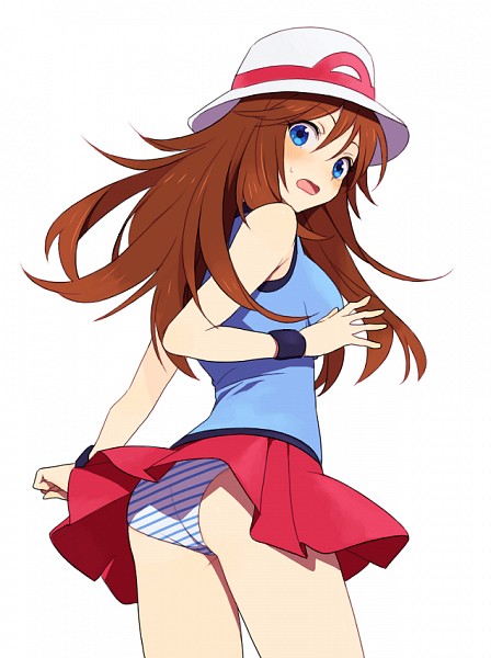 ass, blue eyes, blush, brown hair, clothing, female, green (pokemon), hat, leaf (pokemon), long hair, looking at viewer, o.o, panchira, panties, pokemon, pokemon (manga), pokemon adventures, skirt up, white background
