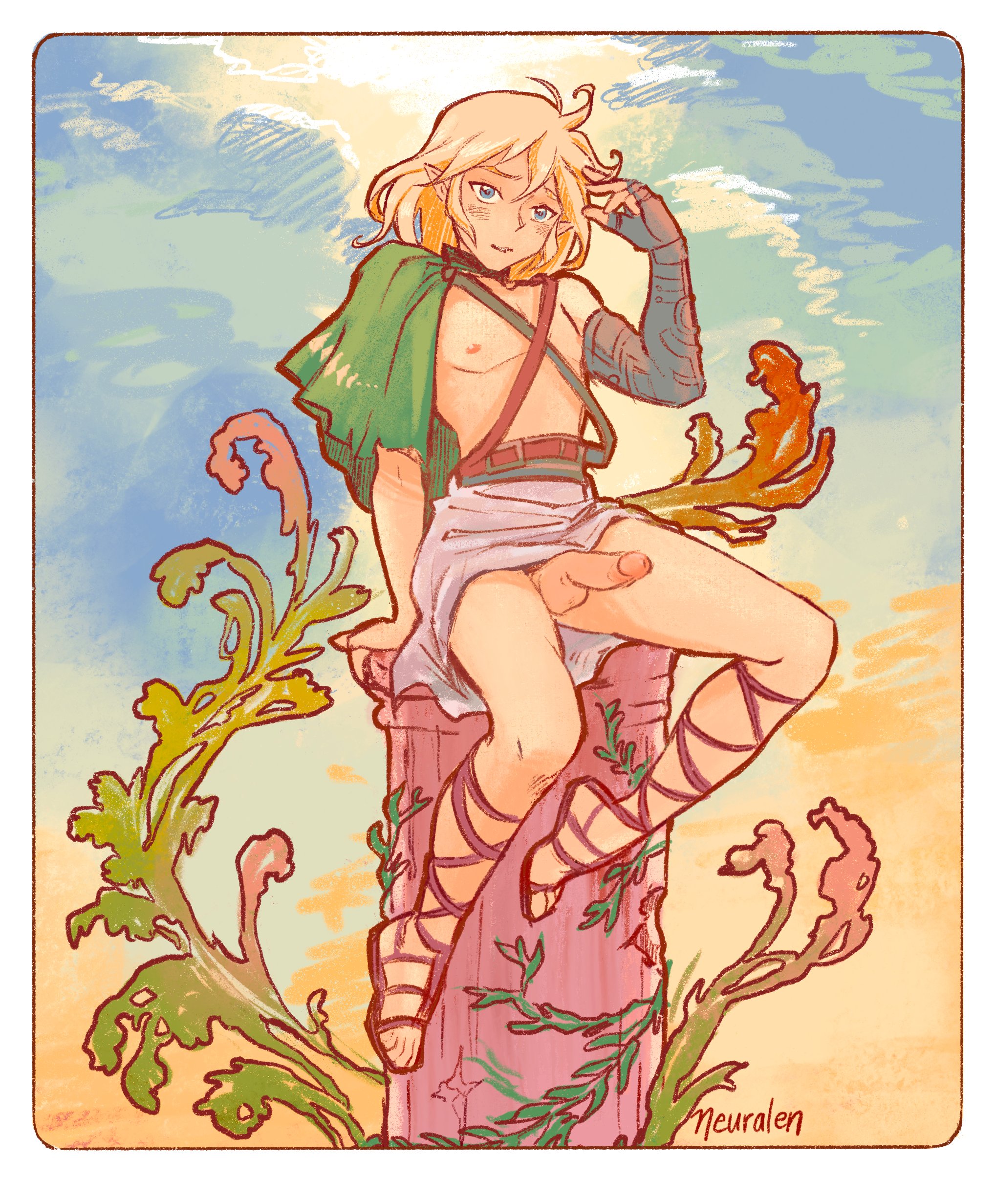 1boy, balls, blonde hair, blue eyes, breath of the wild, femboy, girly, human, hylian, light skin, light-skinned femboy, light-skinned male, link, looking at viewer, male, male focus, male only, neuralen, nipples, penis, plant, pointy ears, pretty boy, sitting, solo, tears of the kingdom, the legend of zelda, twink