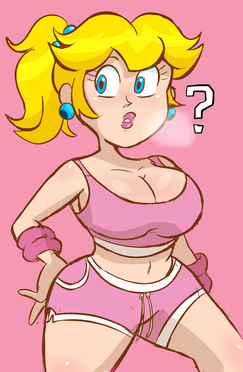 ?, 1girls, 2022, armwear, big breasts, big lips, blonde hair, blue eyes, booty shorts, bottomwear, breasts, busty, cleavage, ear piercing, earrings, female, female only, gym clothes, hair, hand on hip, huge breasts, instantnudeles, light skin, light-skinned female, lips, lipstick, mario (series), navel, nintendo, pink lips, pink lipstick, pink shorts, pink tank top, ponytail, princess peach, question mark, shorts, solo, solo female, sports bra, sportswear, steam, steamy breath, tank top, thick lips, topwear, voluptuous