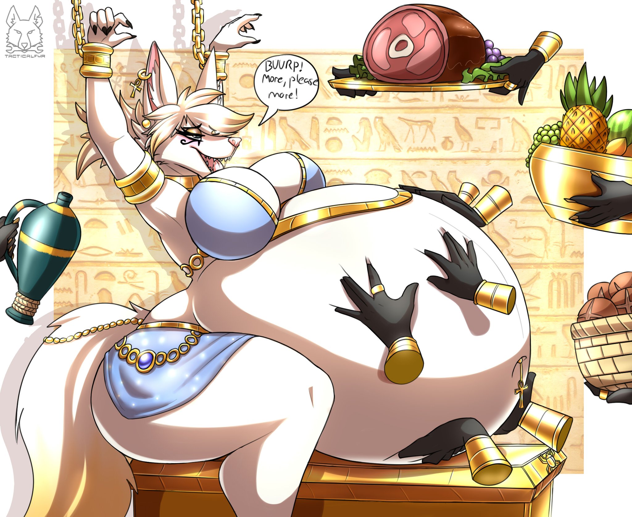 anthro, big breasts, breasts, disembodied hand, enjoying, female, female only, forced, huge belly, obese, rubbing belly, tacticalfur, text, text bubble, white body