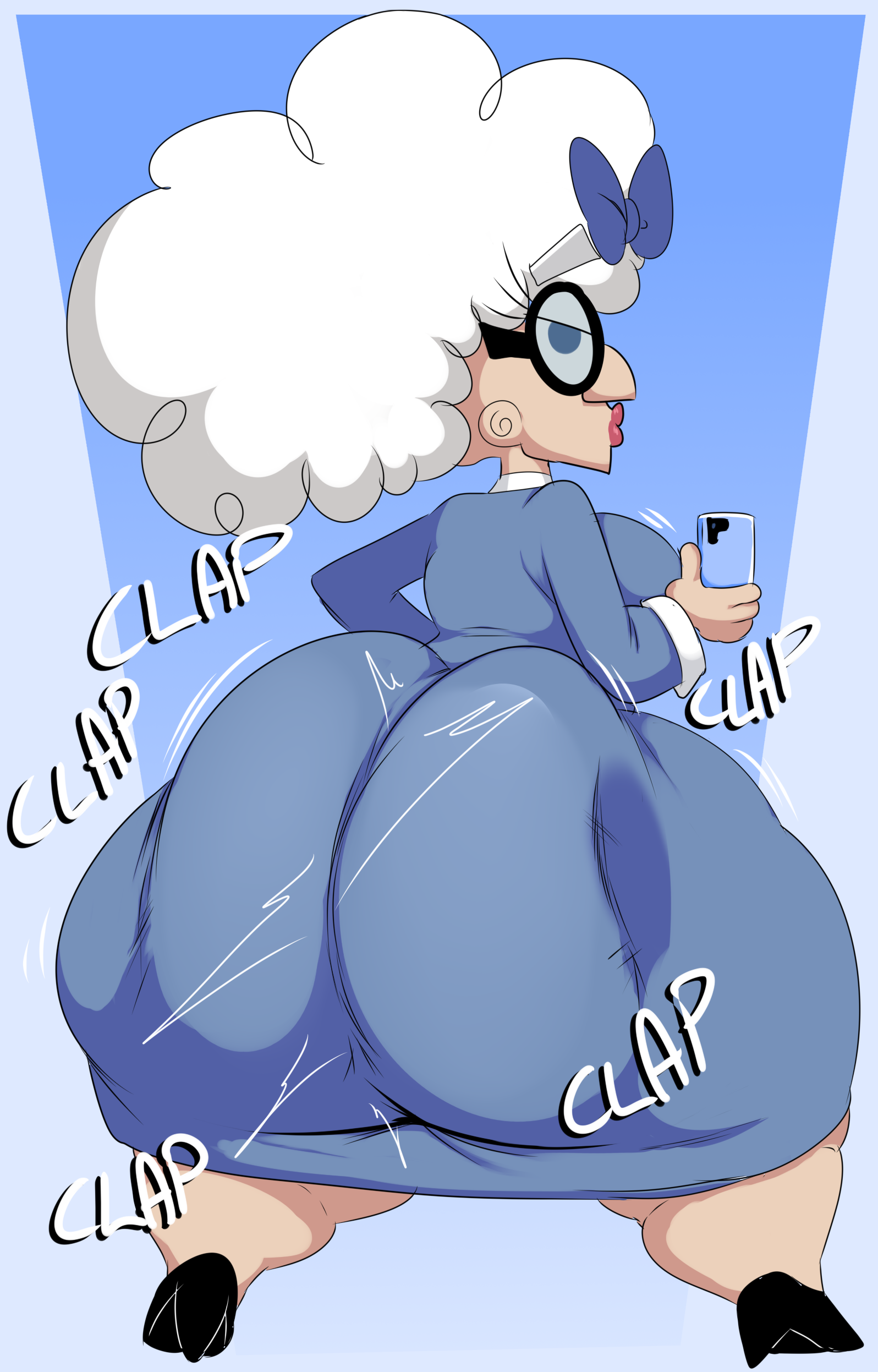 1girls, ass, clapping cheeks, denizen1414, dolores-day crocker, female, female only, gilf, glasses, granny, heels, high heels, huge ass, looking at viewer, looking back, older female, phone, simple background, solo, standing, the fairly oddparents, twerking, white hair, white-haired female