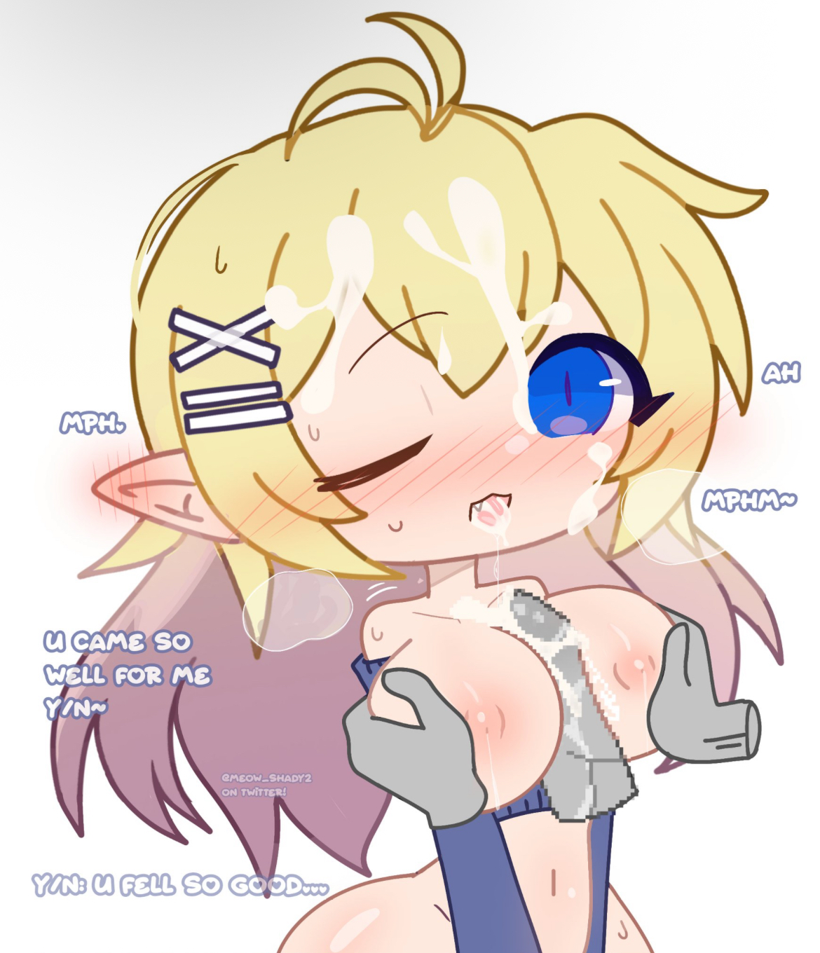 1boy, 1girls, ahoge, blonde hair, blue eyes, blush, breasts, cum, cum on breasts, cum on face, cum on hair, disembodied hands, disembodied penis, elf, elf female, elf girl, female, gacha, male, meow shady2, one eye closed, paizuri, partially clothed, penis, pointy ears, titjob, tongue, tongue out