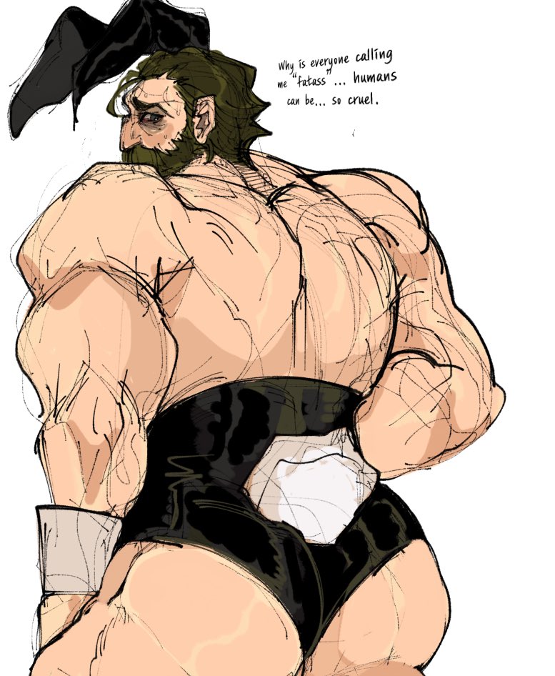 1boy, 2d, alternate version available, ass, bara, beard, big ass, black hair, bunny boy, bunny costume, bunny ears, bunny tail, bunnysuit, clothed, clothed male, color, crossdressing, dispatch (game), english text, facial hair, fat assihaveplagve, femboy, femboy dilf, leotard, male, male only, male playboy bunny, manly crossdresser, masculine crossdresser, muscles, muscular, muscular male, non-nude, phenomaman, playboy bunny, playboy bunny leotard, rear view, solo, speech bubble, strapless leotard, white background