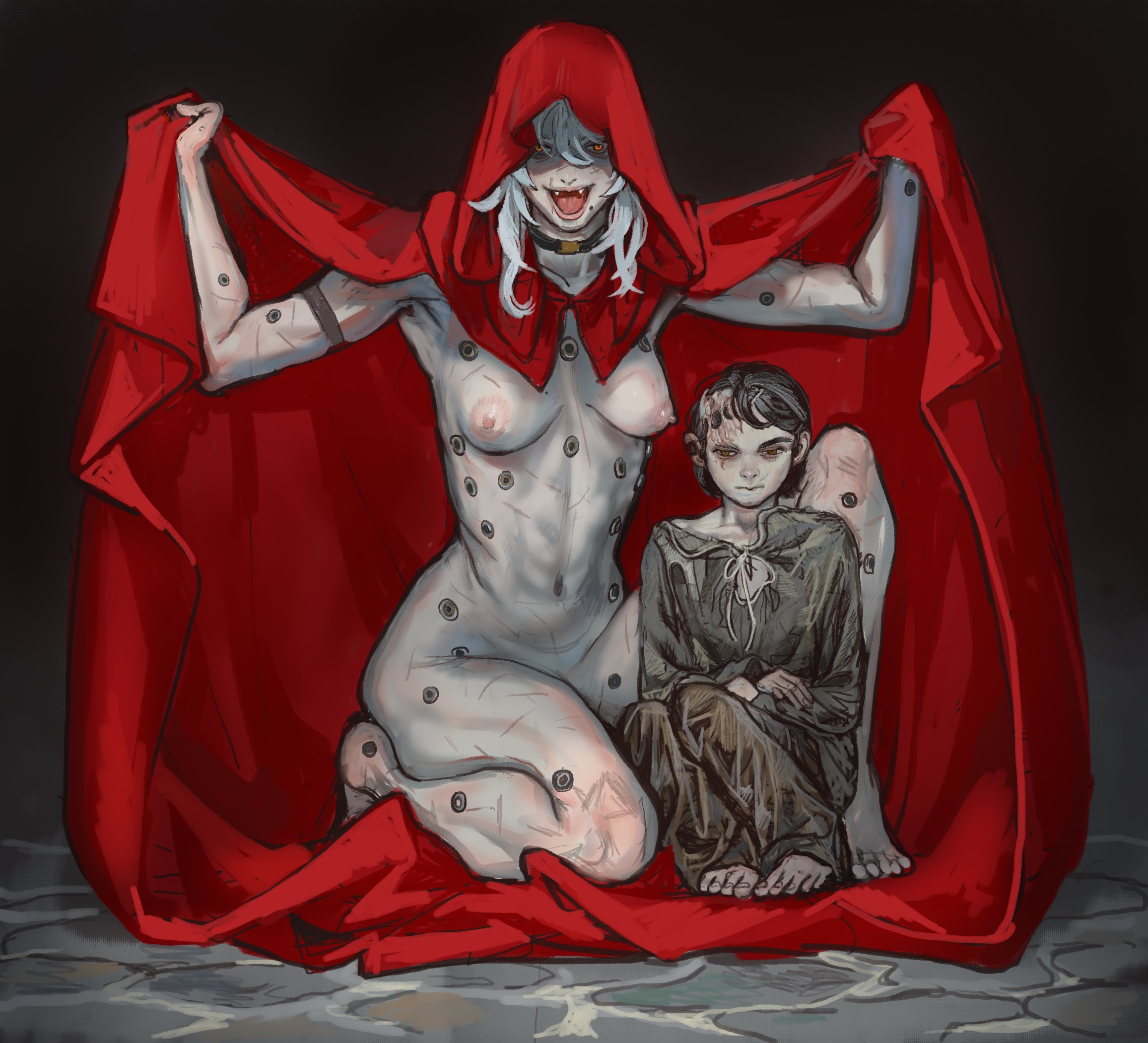 2girls, adeptus, age difference, breasts, female, female only, kneeling, mossa, nude, red cape, small breasts, warhammer (franchise), warhammer 40k, white body