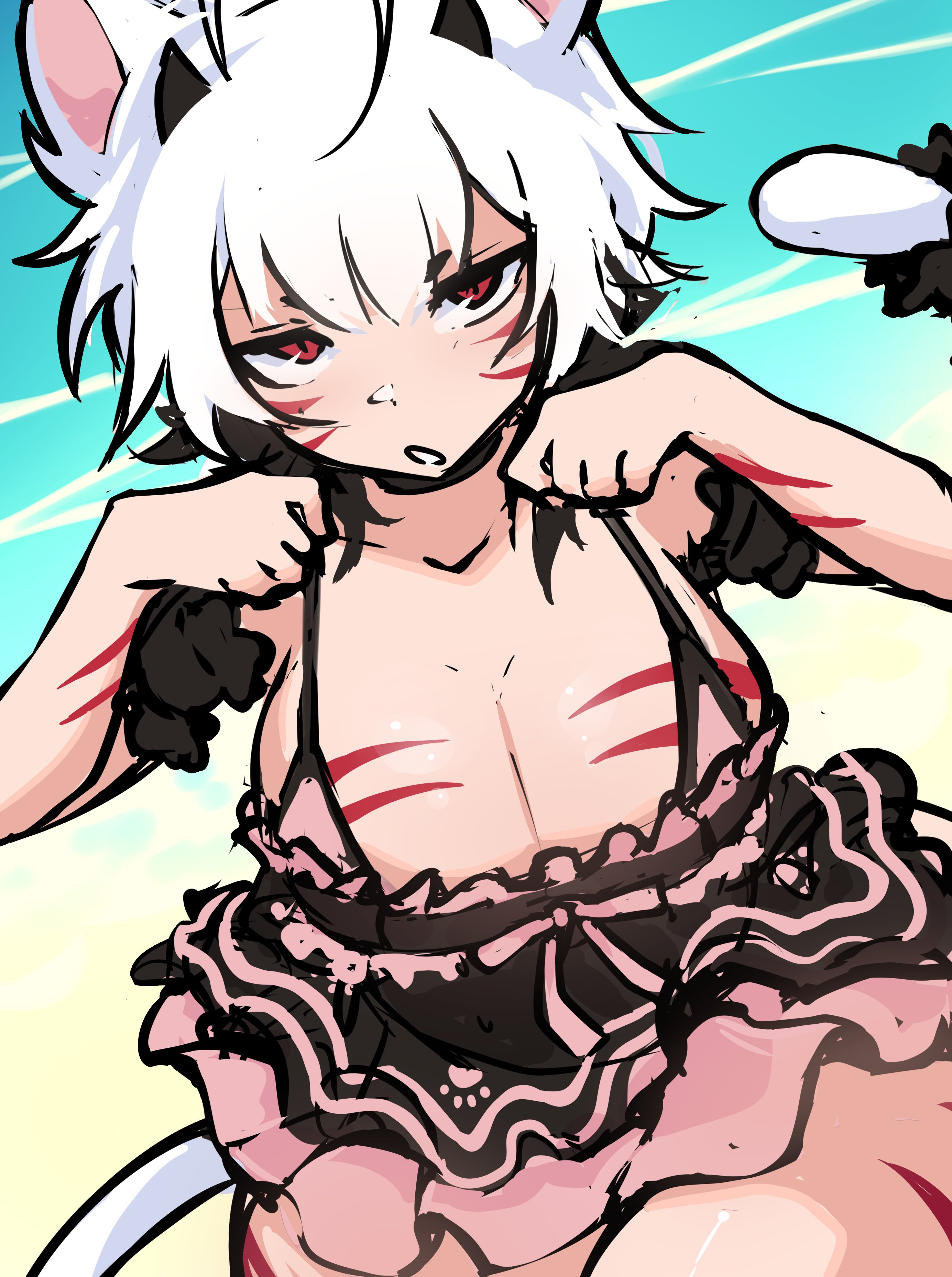 2024, bikini, black hair, blaire rune, blairevt, breasts, cat ears, cat tail, cleavage, demon horns, female, from above, half-closed eyes, horns, indie virtual youtuber, looking at viewer, nonbinary, open mouth, red eyes, red stripes, shapeshifter, short hair, striped body, tail, virtual youtuber, vtuber, white hair