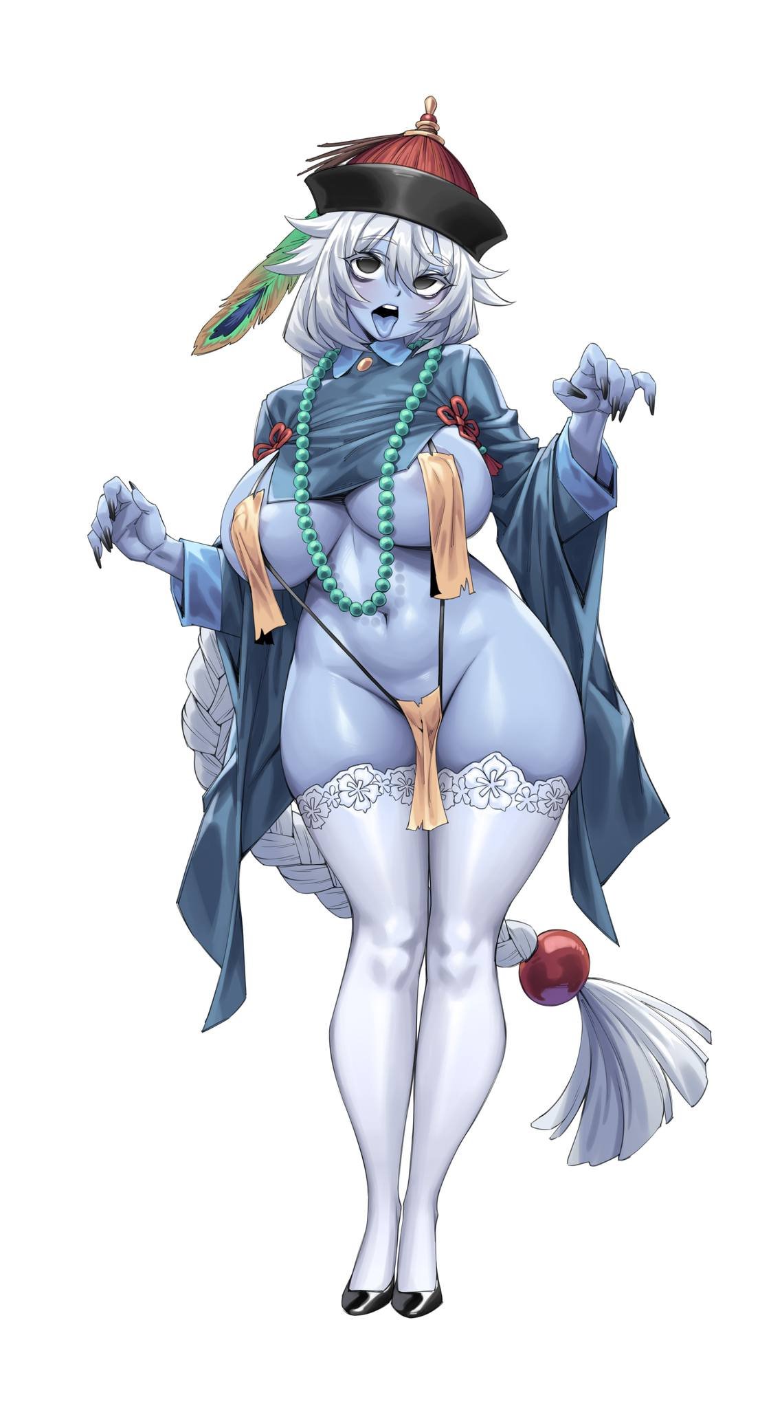 cumbie (naidong), female, grey skin, jiangshi, lace-trimmed thighhighs, naidong, ofuda, ofuda on nipples, ofuda on pussy, pussy, tounge out, white socks