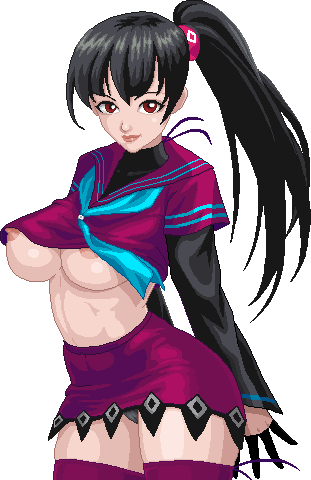 alpha_channel areola_slip black_hair breasts for_sticker_use fully_clothed king_of_fighters long_hair miu_kurosaki nipple_slip nipples no_background no_bra pixel_art png ponytail red_eyes school_uniform skirt standing sticker_template tied_hair transparent_background transparent_png underboob warnerc