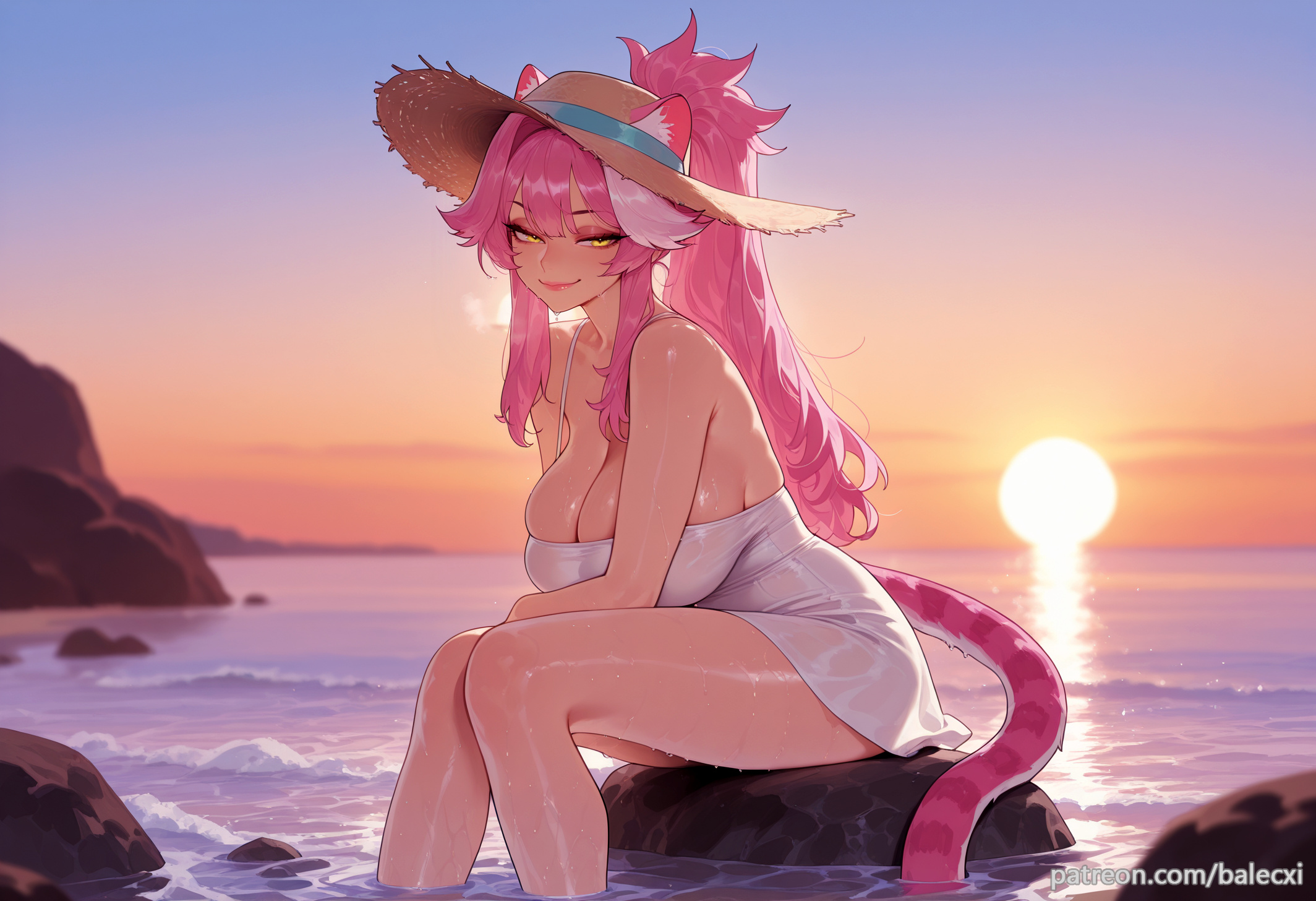ai generated, animal ear fluff, animal ears, balecxi, breasts, cat ears, cat girl, cat tail, cleavage, dress, female, hololive, hololive english, hololive english -justice-, large breasts, long hair, looking at viewer, outdoors, pink hair, ponytail, raora panthera, sitting, smile, solo, straw hat, sunset, virtual youtuber, water, wet, yellow eyes