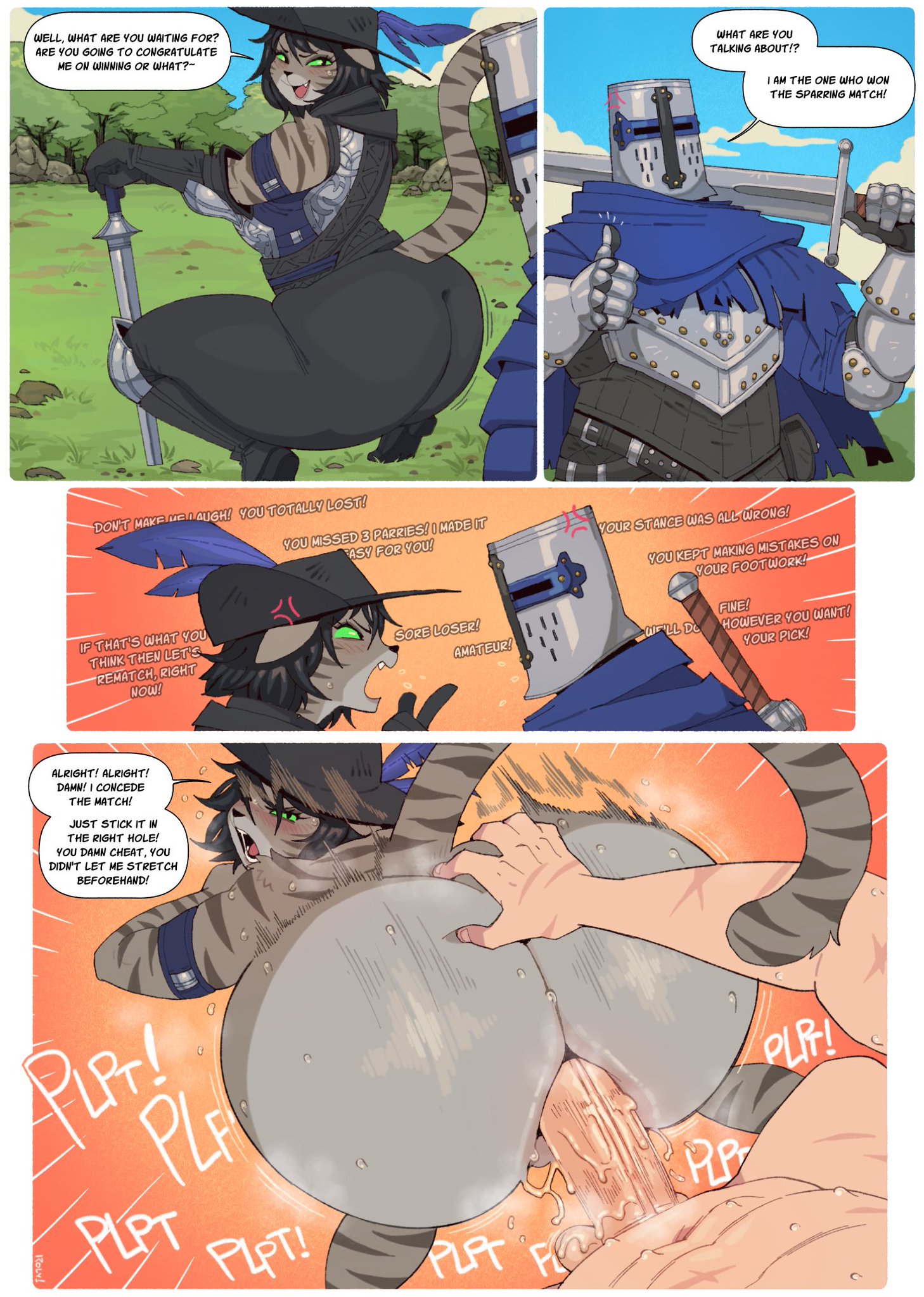 1boy, 1girls, 2025, anal, anal insertion, anal sex, angry, anthro, anthro penetrated, armor, ass, balls, big ass, big butt, blush, bodily fluids, cat humanoid, clothed, clothing, cross-popping vein, dialogue, domestic cat, duo, english text, felid, feline, felis, female, female penetrated, genitals, hi res, huge ass, huge butt, human, human on anthro, human penetrating, human penetrating anthro, interspecies, jess (jamesyeeto), knight, knight armor, knight helmet, male, male penetrating, male penetrating female, male/female, mammal, medieval, penetration, penis, roly, sex, sore loser, speech bubble, sweat, sweatdrop, sweaty ass, sweaty butt, text
