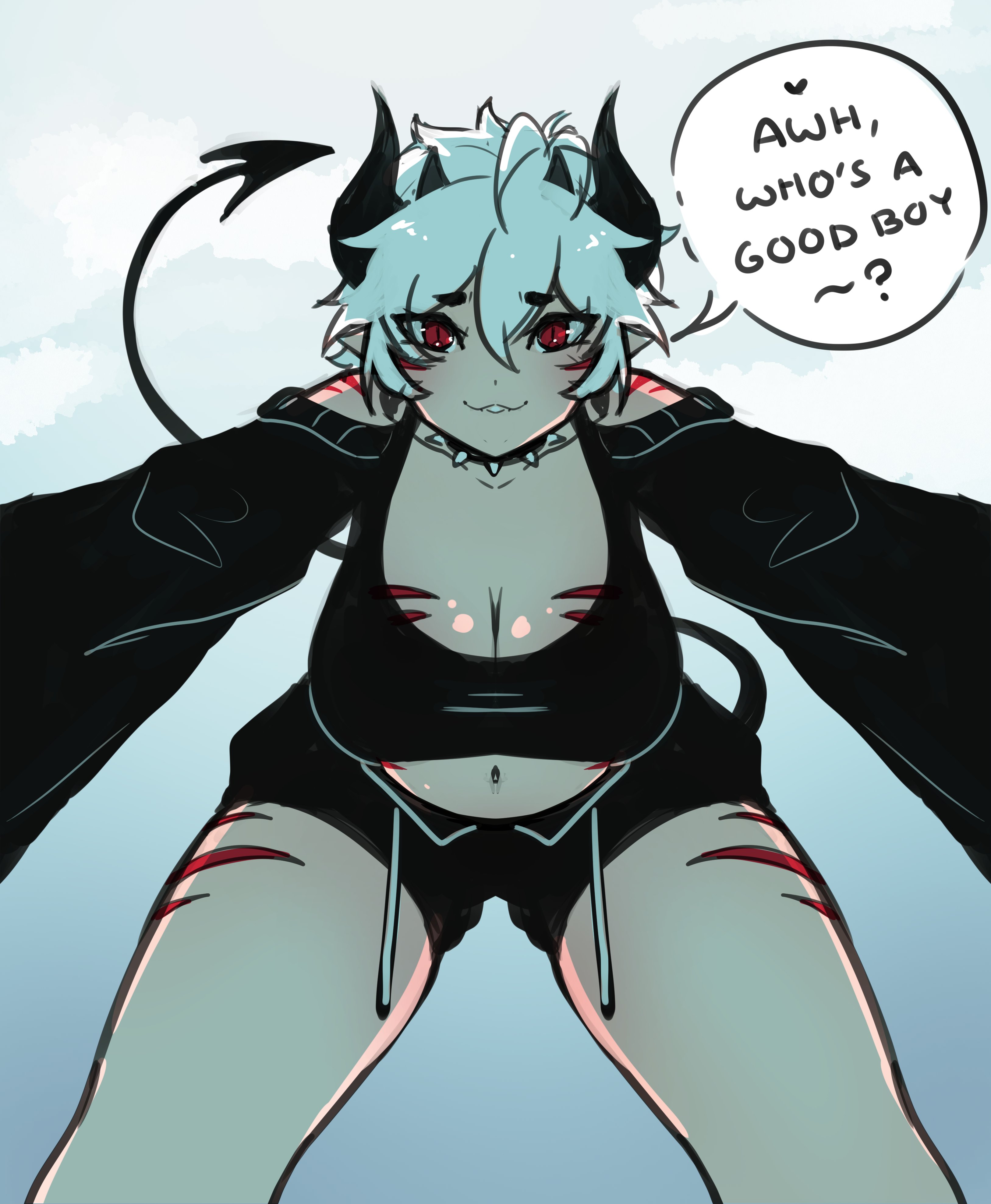 :3, 2024, belly button, blaire rune, blairevt, breasts, cleavage, demon horns, demon tail, dialogue, female, from below, good boy, hanging breasts, horns, indie virtual youtuber, looking at viewer, low-angle view, nonbinary, pov, reaching towards viewer, red eyes, red stripes, short hair, shorts, smile, smiling at viewer, spiked collar, striped body, tail, talking to viewer, text, tummy, virtual youtuber, vtuber, white hair