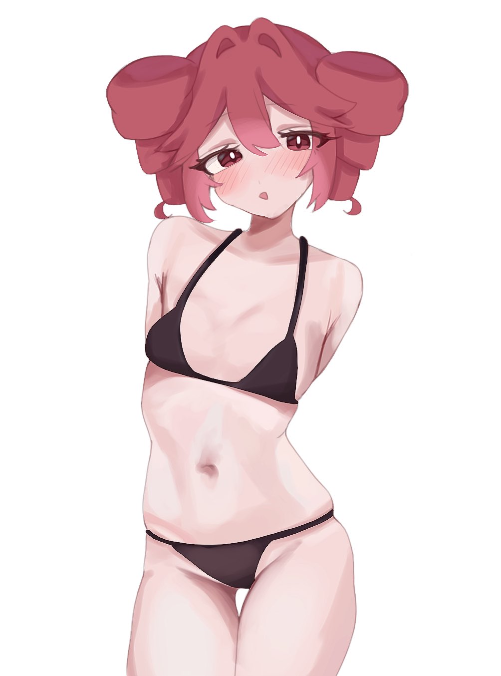 1girls, arm behind back, arms behind back, bare arms, bare belly, bare chest, bare hips, bare legs, bare midriff, bare navel, bare shoulders, bare skin, bare thighs, belly, belly button, bikini, bikini bottom, bikini only, bikini top, black bikini, black bikini bottom, black bikini top, black string bikini, black swimsuit, black swimwear, blush, blush face, blushing at viewer, blushing female, blushing lines, breasts, collarbone, drill hair, exposed arms, exposed belly, exposed chest, exposed hips, exposed legs, exposed midriff, exposed navel, exposed shoulders, exposed skin, exposed thighs, female, female focus, female only, groin, halterneck, hand behind back, hands behind back, head tilt, high resolution, highres, kasane teto, lean figure, looking at viewer, midriff, narrow waist, navel, open mouth, open mouth smile, parted lips, red eyes, red hair, red-eyed female, red-haired female, shoulders, simple background, slender body, slender waist, slim waist, small breasts, solo, standing, string bikini, swimsuit, swimwear, thick thighs, thighs, tilted head, tongue, twintails, twintails (hairstyle), upper body, ur (ur o ), utau, white background