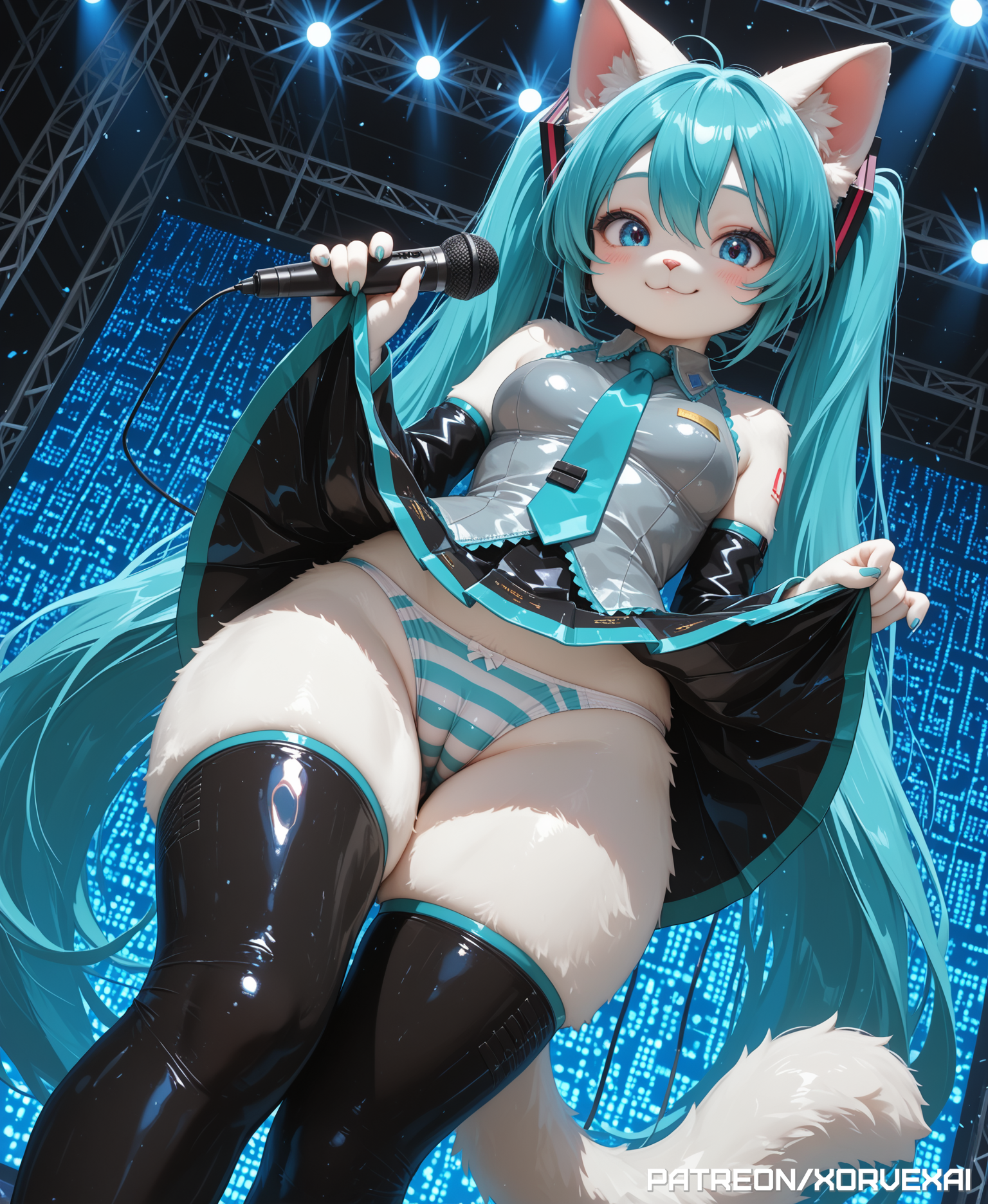 :3, 1girl, 1girls, absurd res, ai generated, animal ears, anthro, aqua hair, aqua necktie, bare shoulders, black skirt, black thighhighs, blue eyes, blue hair, blush, breasts, camel toe, cameltoe, cat ears, cat girl, cat tail, catgirl, closed mouth, clothes lift, detached sleeves, feline, female, fluffy tail, from below, fur, furrification, furry, furry female, grey shirt, happy, hatsune miku, hi res, highres, holding, holding microphone, lifted by self, long hair, looking at viewer, medium breasts, microphone, necktie, panties, pleated skirt, pussy, shiny clothes, shirt, skindentation, skirt, skirt lift, smile, solo, stage, standing, stockings, striped, striped panties, tagme, tail, thick thighs, thighhighs, thighs, twintails, underwear, very long hair, white, white fur, xorvexai
