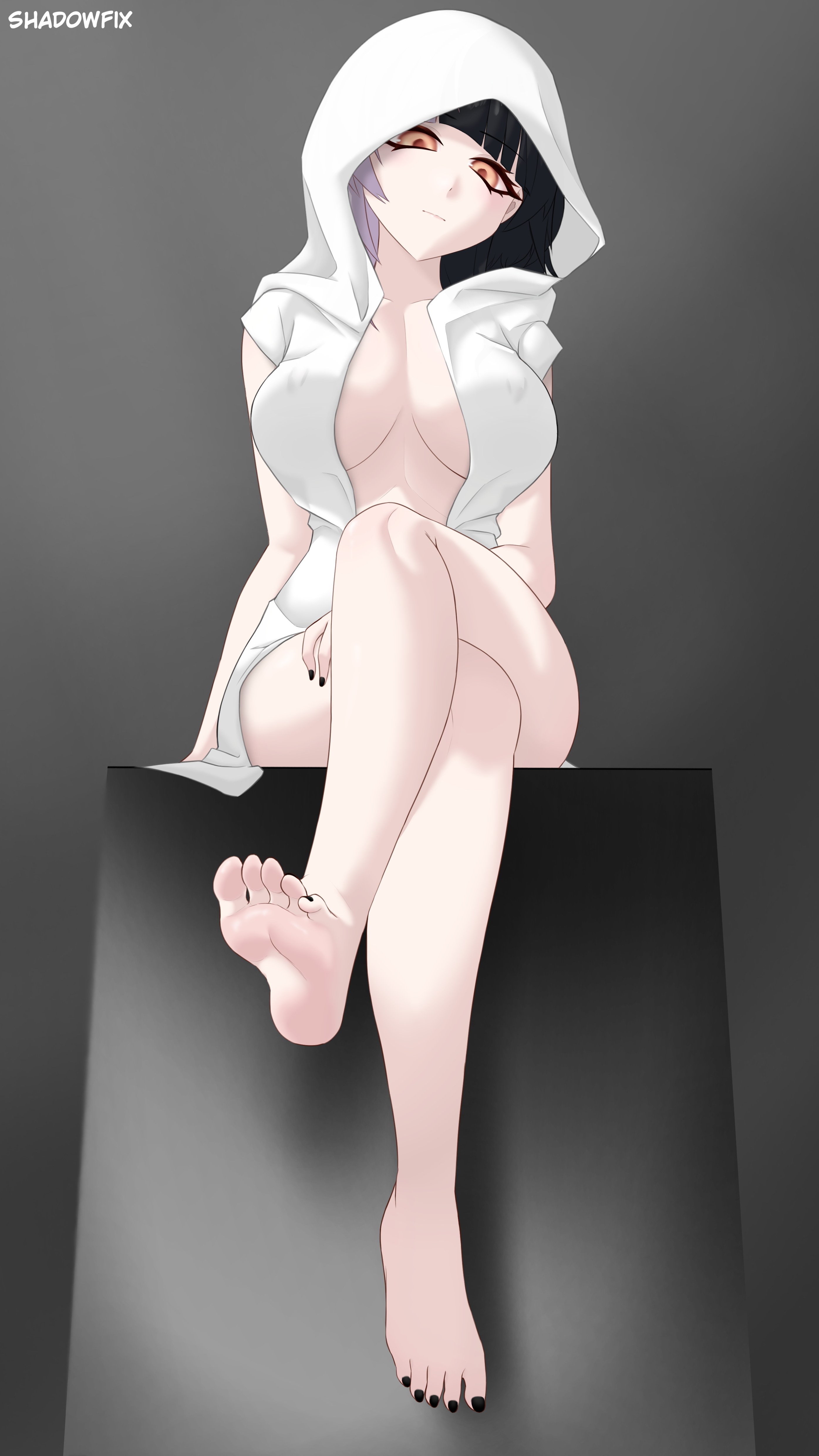 1girls, bare legs, barefoot, big breasts, black hair, black nails, breasts, crossed legs, feet, female, female only, hololive, hololive english, hololive english -advent-, large breasts, light-skinned female, nipple bulge, partially clothed, shadowfix, shiori novella, soles, tagme, thighs, toes, two-tone hair, virtual youtuber, white hair, yellow eyes