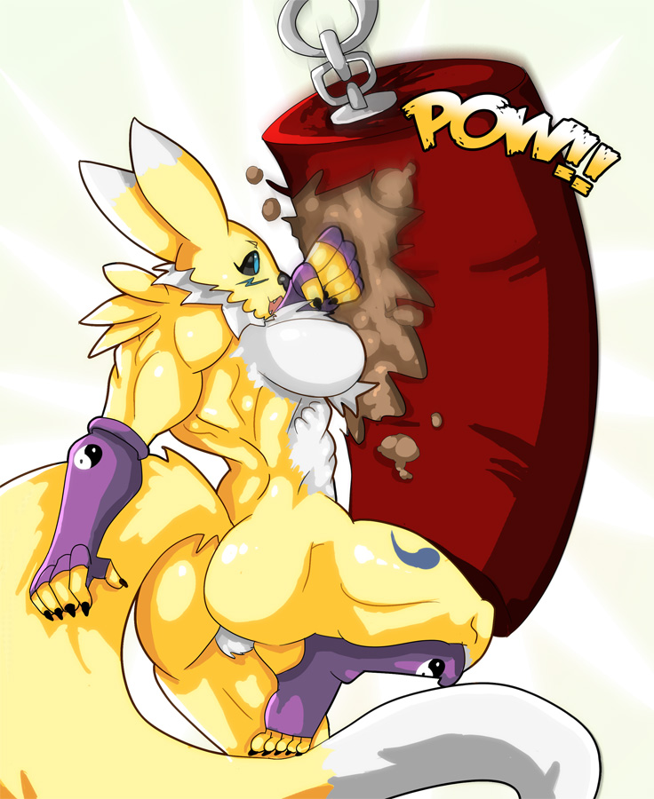 angsthewicked ass breasts digimon female furry muscles muscular muscular_female punch punching_bag renamon tail