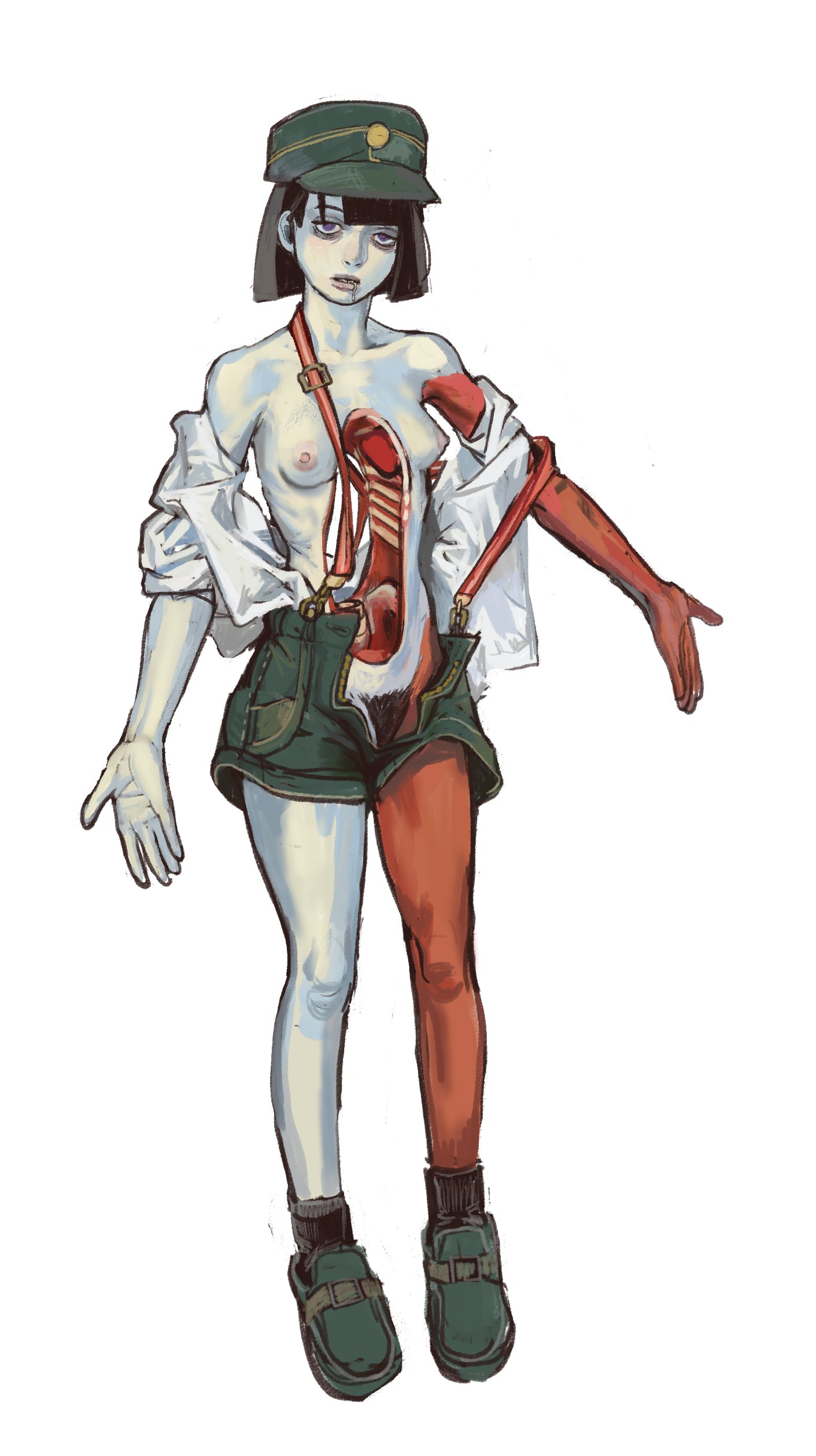 1girls, breasts, casual, clothing, dream bbq, ena, ena (dream bbq), ena (series), female, gore, guro, hat, human ena (dream bbq), mossa, nonsexual, nonsexual nudity, pale skin, short hair, small breasts, white background