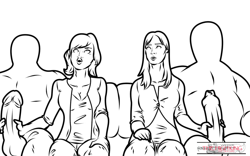 faceless_male female garfunkel_and_oates handjob human human_only kate_micucci line_art male monochrome multiple_females multiple_males riki_lindhome sitting straight the_high_king