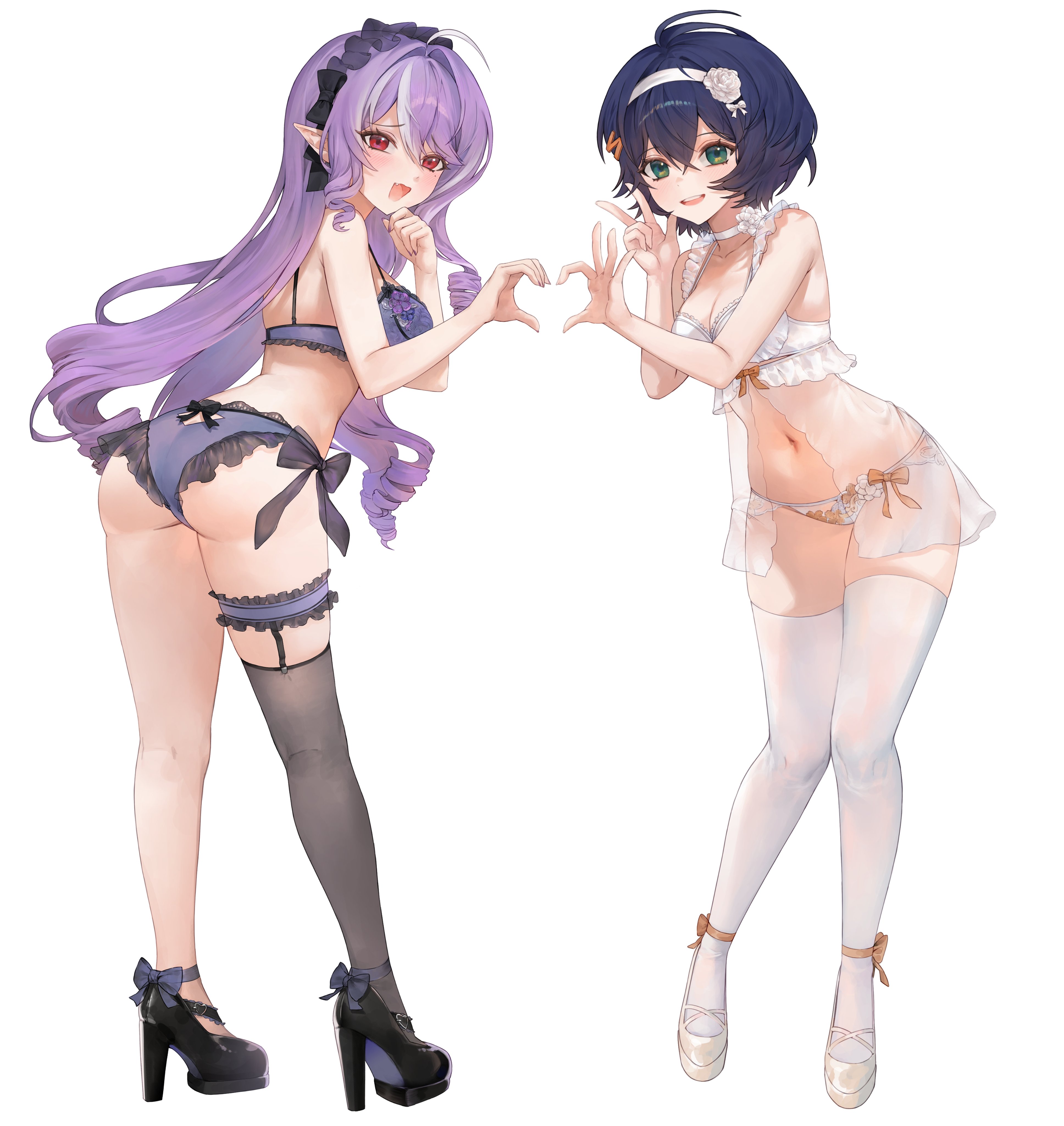 2girls, ass, belle (zenless zone zero), belly button, black hair, black heels, elf ears, female, green eyes, heart hands, heart hands duo, heels, hoyoverse, lingerie, lingerie only, lingerie panties, long hair, malsuk, mihoyo, panties, peace sign, purple bra, purple hair, purple panties, red eyes, see-through clothing, short hair, thighband, thighhighs, thighhighs over one leg, vivian banshee, white bra, white thighhighs, zenless zone zero