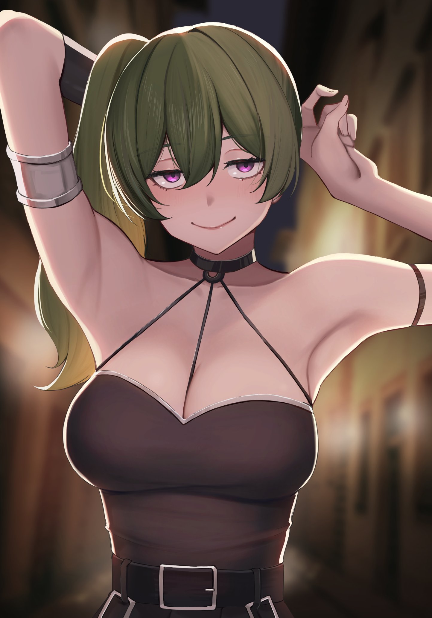 1girls, adult, adult female, armpit, armpit crease, armpit focus, armpit peek, armpits, bare armpits, bare arms, bare chest, bare hands, bare shoulders, bare skin, big breasts, blurred background, blurry background, breasts, busty, busty female, choker, cleavage, closed mouth smile, collarbone, elbows, exposed armpits, exposed arms, exposed chest, exposed shoulders, female, female focus, female only, fingers, green hair, green-haired female, grin, grinning, grinning at viewer, hair between eyes, hairless armpits, half-closed eyes, hand behind head, high resolution, highres, large breasts, lean figure, lips, long hair, looking at viewer, mature, mature female, narrow waist, outdoor, outdoors, outside, ponytail, purple eyes, purple-eyed female, seductive grin, shaved armpits, shoulders, side ponytail, slender body, slender waist, slim waist, smile, smiley face, smiling, smiling at viewer, smirk, smug grin, solo, sousou no frieren, standing, ubel (sousou no frieren), upper body, wabi illust, wabimochi