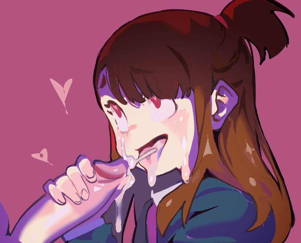 1boy, 1girls, atsuko kagari, brown hair, brown-haired female, cum, cum in mouth, cum on face, female, handjob, heart, heart-shaped pupils, leaking cum, little witch academia, male, penis, ponytail, red eyes, roropull, stroking penis, studio trigger