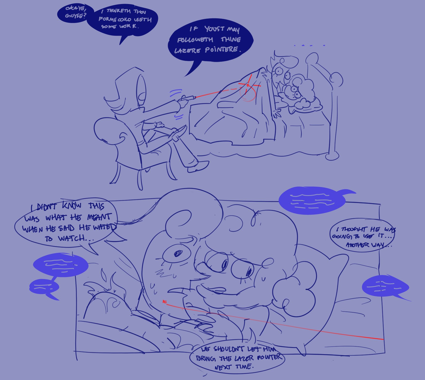 1girls, 2boys, almguav, awkward, bed, bed sheet, blue background, completely nude, cuck chair, deltarune, deltarune chapter 3, elnina (deltarune), female, female penetrated, fully clothed, funny, implied penetration, in bed, lanino (deltarune), laser pointer, lying on back, lying on bed, male, male penetrating, male penetrating female, missionary position, naked, nude, obscured penetration, rouxls kaard, sketch, speech bubble, straight, under covers, watching