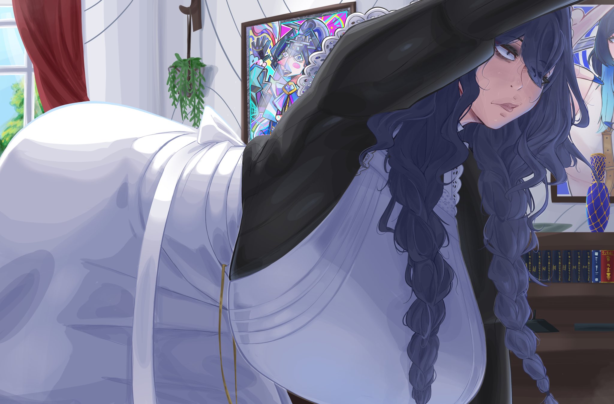 1girls, bent over, breasts, clothed, clothed breasts, female, fully clothed, hanging breasts, hololive, hololive english, hololive english -council-, hololive english -promise-, huge breasts, maid apron, maid outfit, maid uniform, ouro kronii, ouro kronii (maid), smug ghost, tagme, virtual youtuber