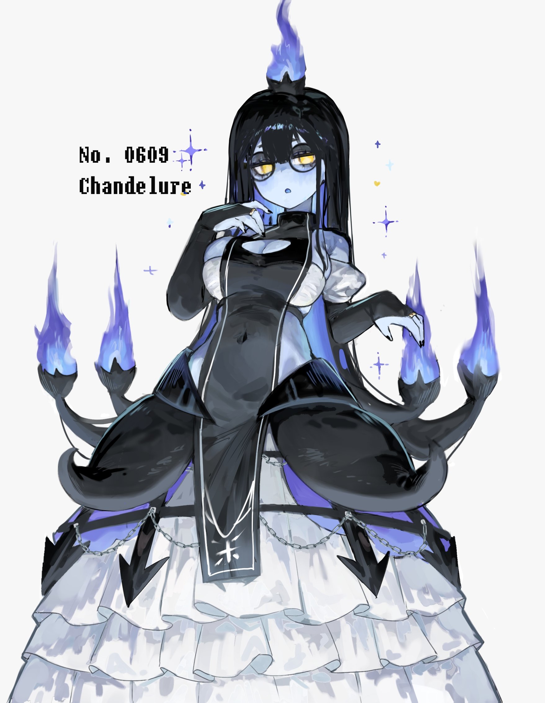1girls, 2025, black hair, blue skin, chandelure, clothing, english text, female, female only, game freak, generation 5 pokemon, glasses, hi res, humanoid, long hair, looking at viewer, nintendo, pokemon, pokemon (species), pokemorph, round glasses, solo, text, toge77789, togetoge, white background, yellow eyes