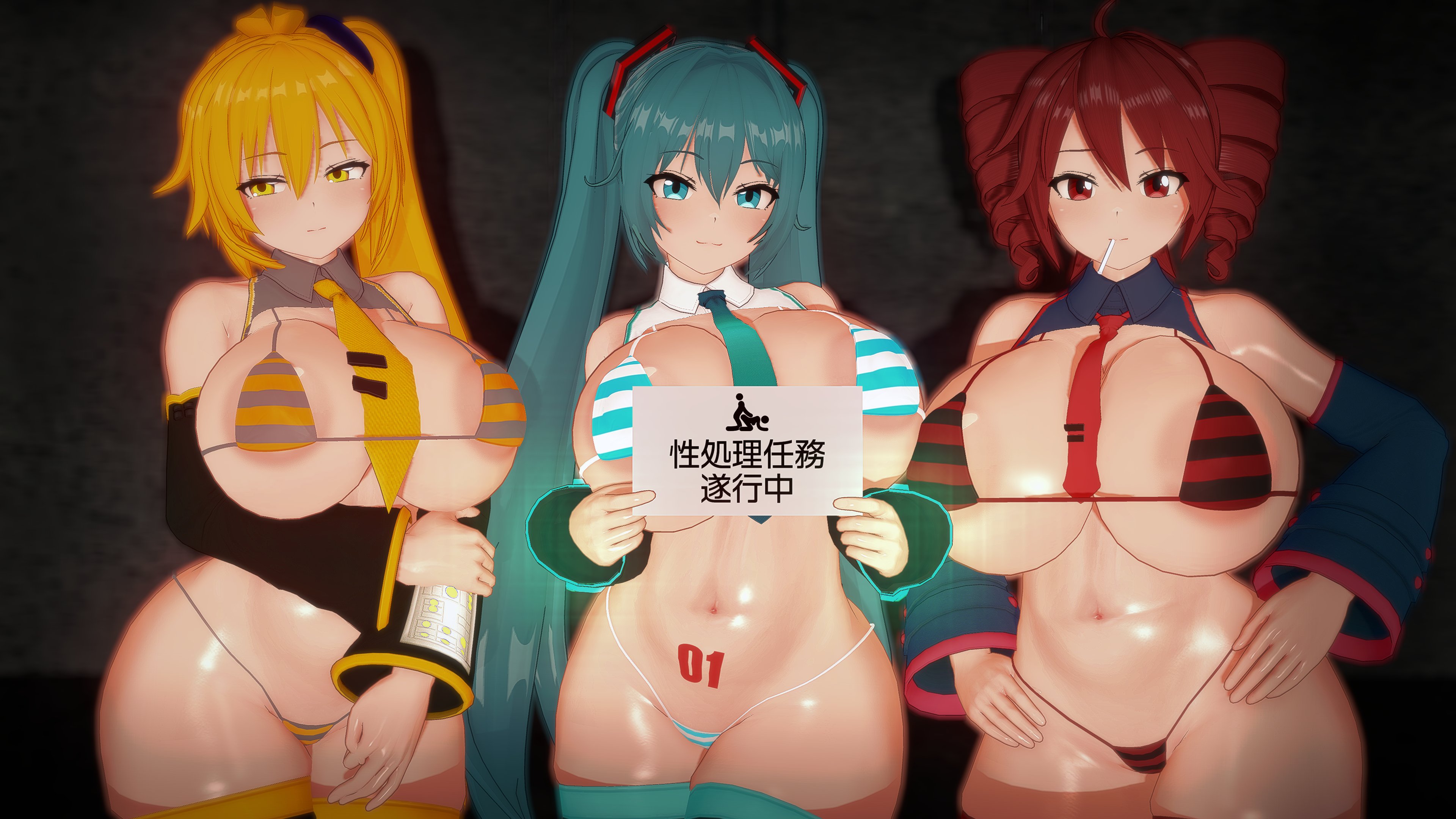 3d, 3girls, ahoge, akita neru, alternate breast size, aqua eyes, aqua hair, areola slip, areolae, bangs, bare shoulders, belly, between breasts, big breasts, bikini, black sleeves, blonde hair, blue eyes, blue hair, blush, breasts, breasts bigger than head, closed mouth, cowboy shot, curvaceous, curvy, curvy female, curvy figure, danish primus, detached collar, detached sleeves, drill hair, embarrassed, embarrassed female, fanloid, female, female only, gigantic breasts, hair ornament, hands on hips, hatsune miku, hatsune miku (collared bikini), highleg bikini, holding, holding object, holding sign, huge breasts, inviting, inviting to sex, kasane teto, large areolae, large breasts, lollipop, long hair, looking at viewer, massive breasts, micro bikini, mouth hold, multiple girls, navel, necktie, necktie between breasts, ponytail, red eyes, red hair, shiny, shiny skin, side ponytail, sign, smile, standing, stomach, string bikini, striped, striped bikini, swimsuit, tattoo, thick thighs, thighhighs, thighs, triple baka (vocaloid), twin drills, twintails, underboob, utau, very long hair, vocaloid, voluptuous, voluptuous female, wide hips, yellow bikini, yellow eyes, yellow hair, yellow necktie