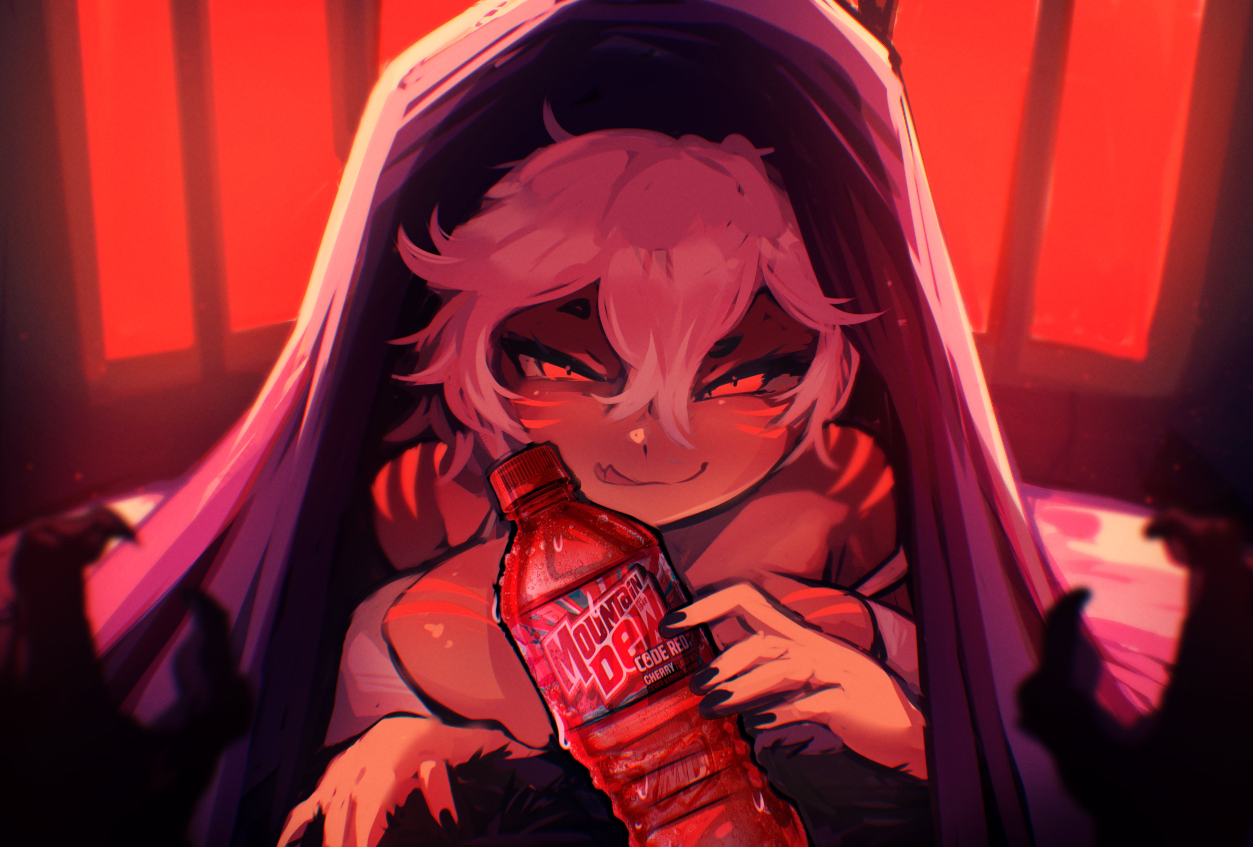 black hair, black nail polish, black nails, blaire rune, blairevt, body markings, breast squish, breasts, censored, demon horns, forked tongue, glowing eyes, glowing markings, horns, indie virtual youtuber, licking lips, looking at viewer, male, male pov, mountain dew, mountain dew code red, nonbinary, pov, pov hands, red eyes, red stripes, sexually suggestive, short hair, split tongue, striped body, under sheets, virtual youtuber, vtuber, werewolf, white hair