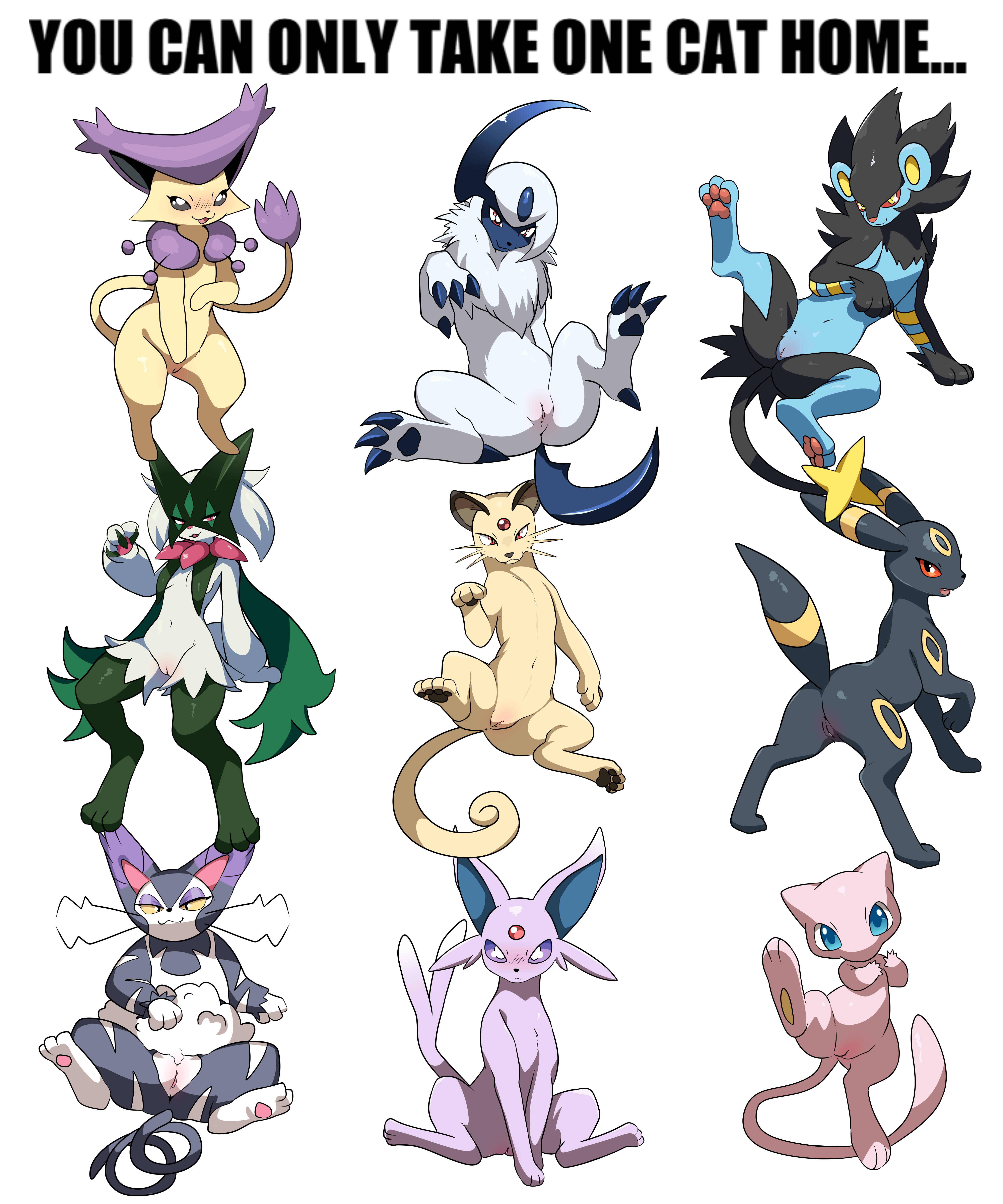 absol, blush, claws, delcatty, espeon, fangs, feline, female, feral, game freak, looking at viewer, luxray, meme, meowscarada, mew, multiple females, multiple girls, nintendo, paws, persian, pokemon, pokemon (species), pokemon species, purugly, spread legs, take your pick, umbreon