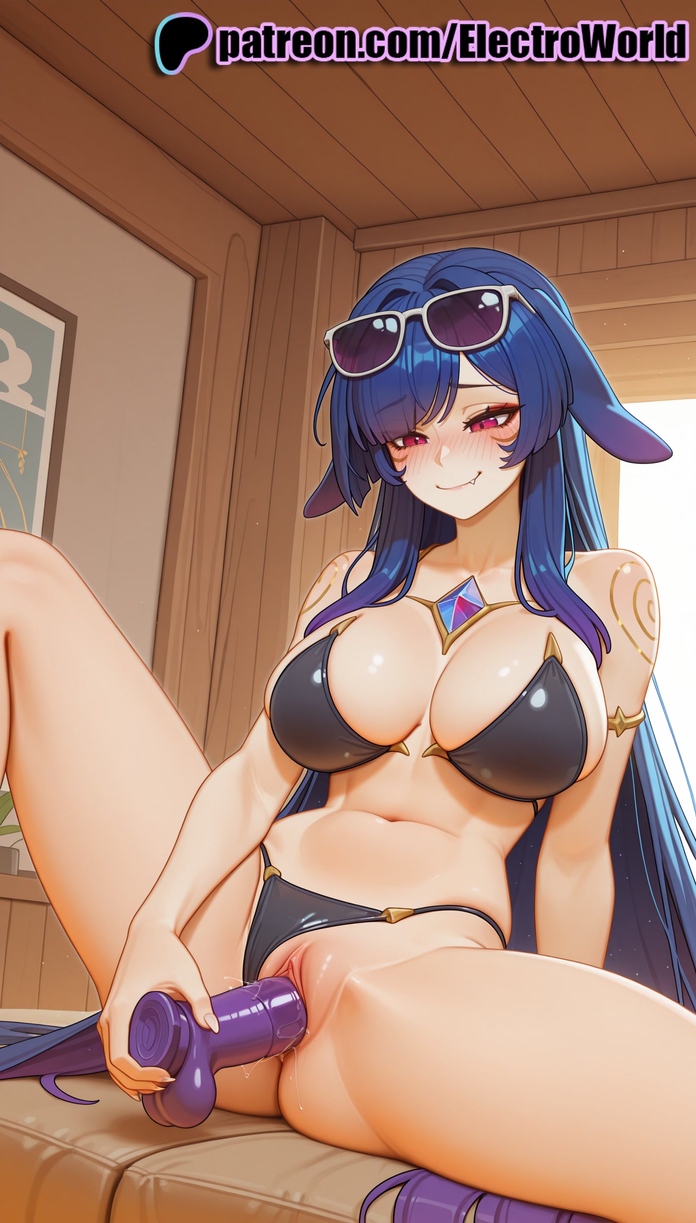 1girls, 2025, ai generated, artist name, aviator sunglasses, big breasts, big chest, black bikini, blue hair, blush, breasts, bust, busty, chest, clitoral hood, clitoris, clothing aside, dildo, electroworld, exposed pussy, eyebrows visible through hair, eyewear on head, female, hi res, high quality, high resolution, highres, juicy pussy, large breasts, legs apart, legs spread, long hair, masturbation, navel, object insertion, open legs, patreon, patreon username, pussy, pussy juice, sex toy, smile, solo, splayed legs, spread legs, stable diffusion, sunglasses, swimsuit, tight pussy, uncensored, vagina, vaginal object insertion, vaginal penetration, vienna (vtuber), virtual youtuber, vtuber, watermark