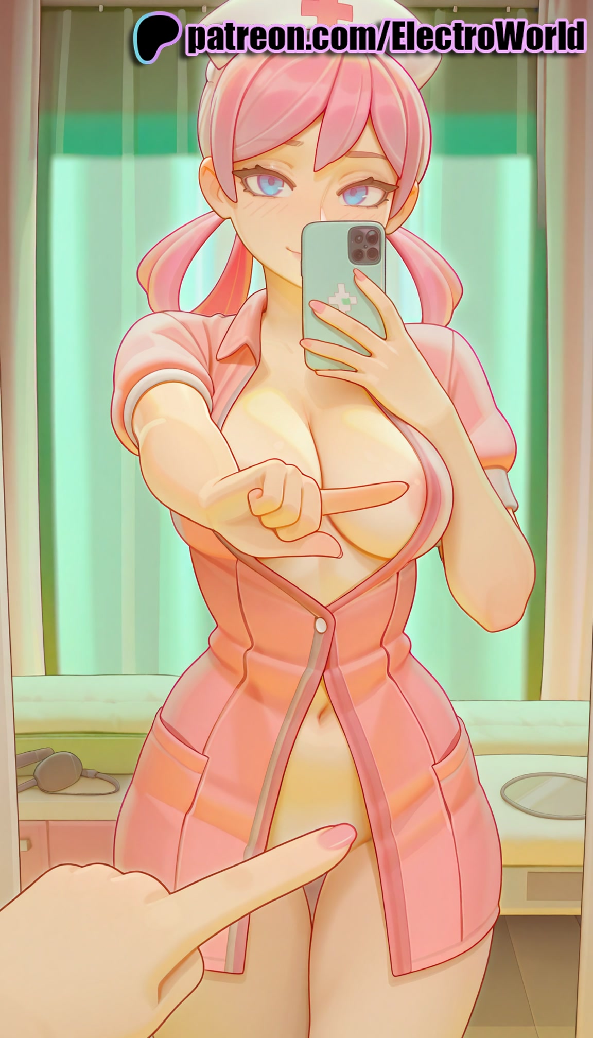 1girls, 2025, ai generated, artist name, blue eyes, breasts, bust, cellphone, cellphone picture, chest, electroworld, female, female pov, hi res, high quality, high resolution, highres, holding, holding phone, iphone, looking at phone, meme reference, navel, nurse joy, one finger selfie challenge, patreon, patreon username, phone, pink hair, pokemon, pov, recording, selfie, smartphone, solo female, stable diffusion, taking picture, watermark