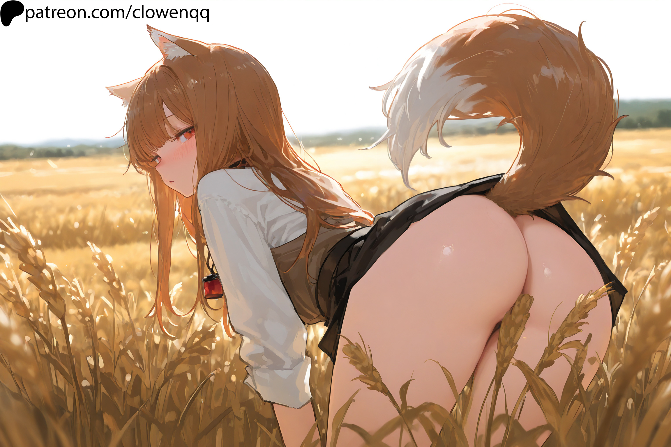 1girls, ai generated, animal ear fluff, animal ears, animal tail, ass, bangs, bent over, blush, brown hair, clowenqq, female, female focus, female only, from behind, holo, long hair, looking at viewer, no panties, red eyes, solo, solo female, solo focus, spice and wolf, tail, thighs, wolf ears, wolf girl, wolf tail