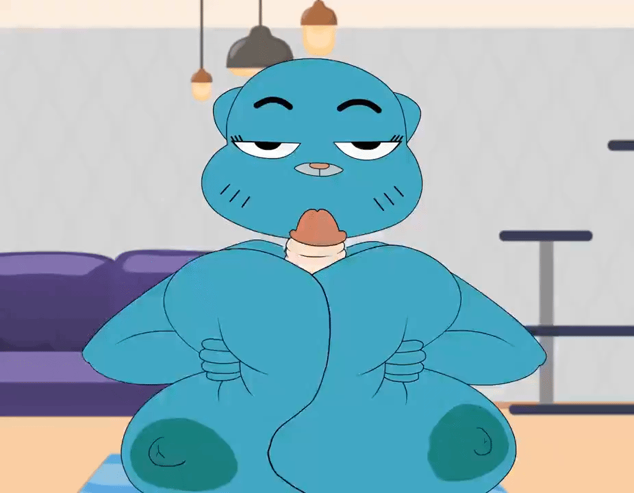 animated, anthro female, big breasts, boobjob, breasts, cartoon network, domestic cat, felid, feline, felis, female, human, human male, human male on anthro female, human on anthro, human/anthro, male, male pov, nicole watterson, paizuri, pov, pov eye contact, smile, the amazing world of gumball, twitter username, vanilladream34