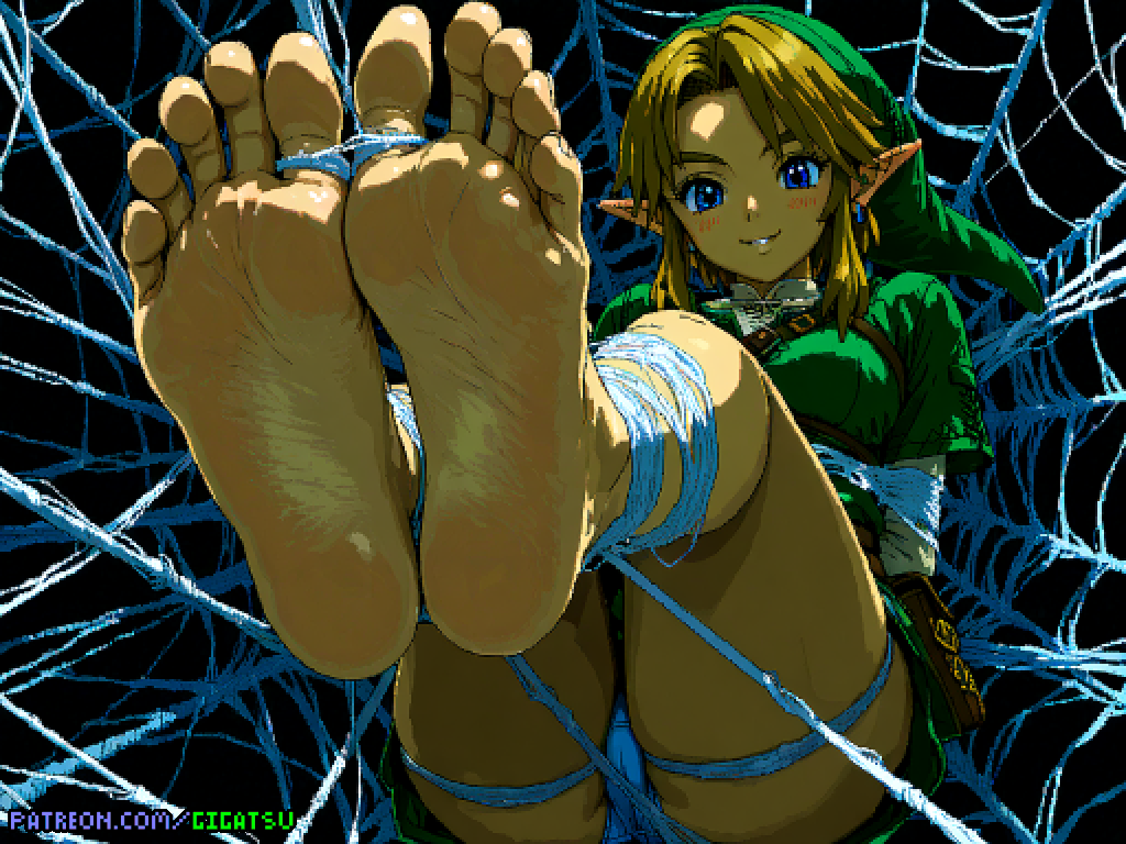 ai_generated barefoot captured elf elf_ears feet foot_fetish foot_focus gigatsu link nintendo pixel_art pointy_ears soles spider_web the_legend_of_zelda toes