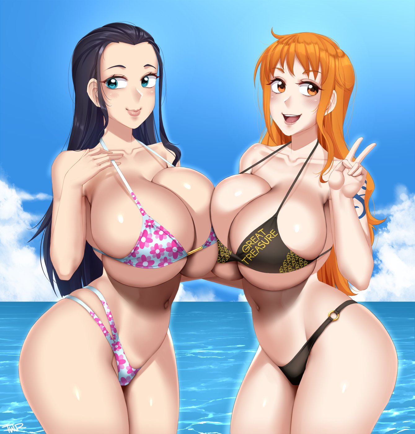 2girls asymmetrical_docking bikini black_hair blue_eyes blush breast_press breasts cleavage female highleg highleg_bikini highres huge_breasts lips long_hair micro_bikini multiple_girls nami_(one_piece) nico_robin o-ring o-ring_bikini one_piece open_mouth orange_eyes orange_hair shiny_skin skindentation smile swimsuit twrlare v water