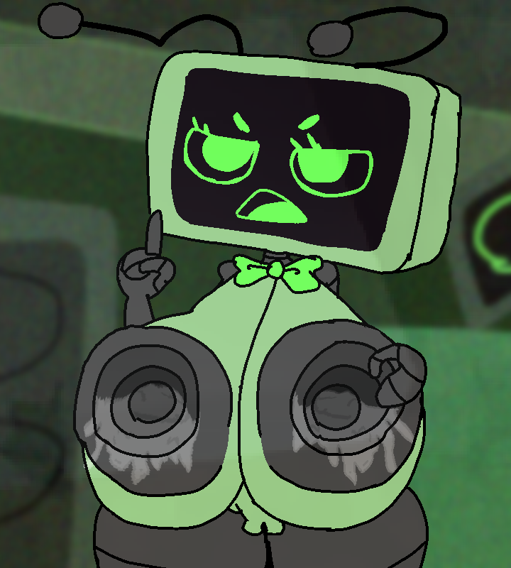 1girls after_nipple_penetration animate_inanimate annoyed annoyed_expression antennae_(anatomy) areolae ass big_ass big_breasts black_body bow breasts cum_in_nipples cum_on_breasts dandy&#039;s_world detailed_background draconic_devilz female gaping gaping_nipples green_body green_eyes huge_breasts huge_nipples huge_thighs hyper_breasts hyper_nipples looking_at_viewer nipples object_head open_mouth roblox roblox_game robot robot_girl screen_face self_upload solo solo_female tagme television vee_(dandy&#039;s_world)