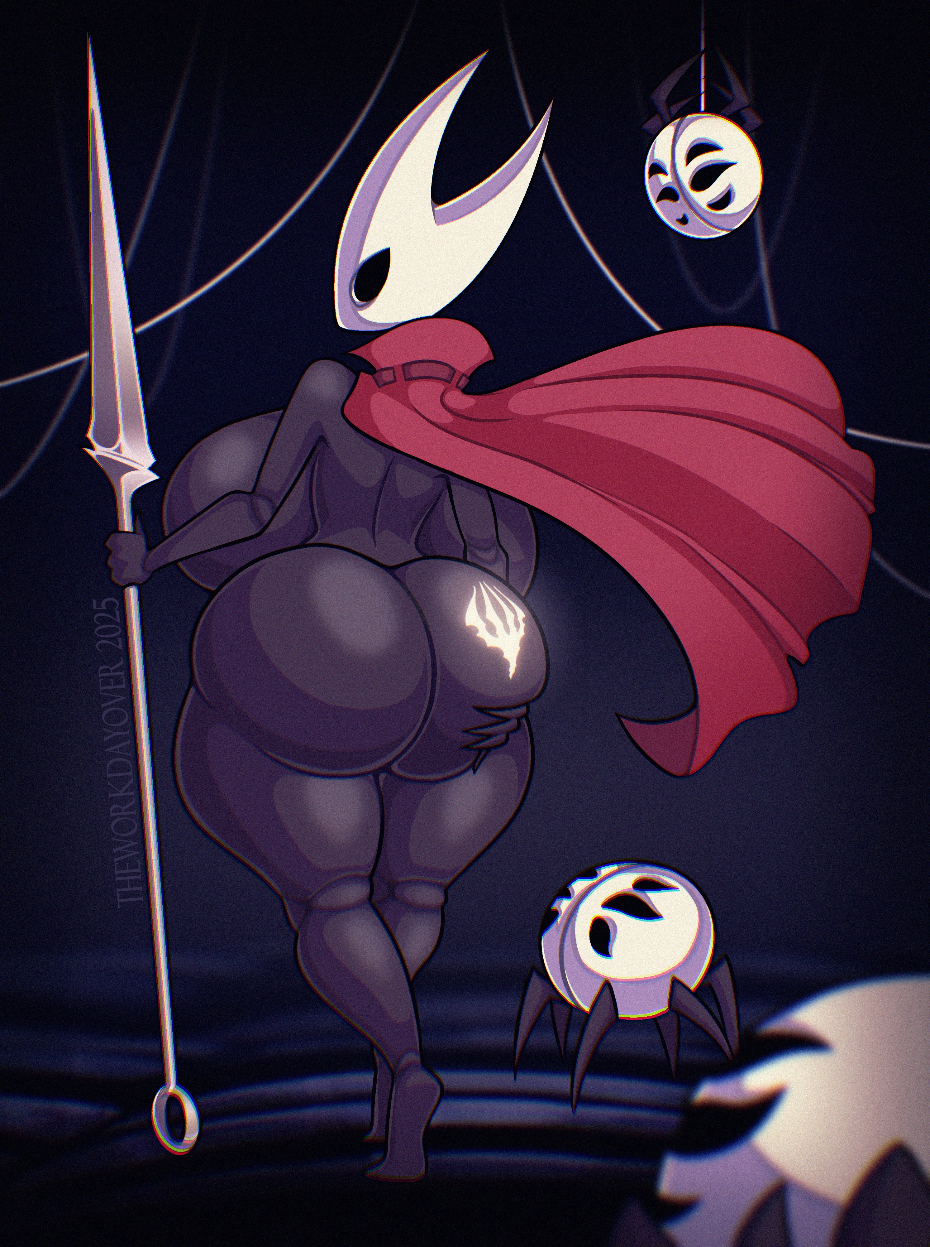 2025, anthro, arthropod, ass, ass tattoo, back view, big breasts, branded, branding mark, breasts, butt tattoo, cloak, female, hollow knight, hornet (hollow knight), huge, huge ass, huge breasts, nail (weapon), spider girl, spider web, tattoo, tattoo on butt, theworkdayover, thick thighs, tramp stamp, weaver