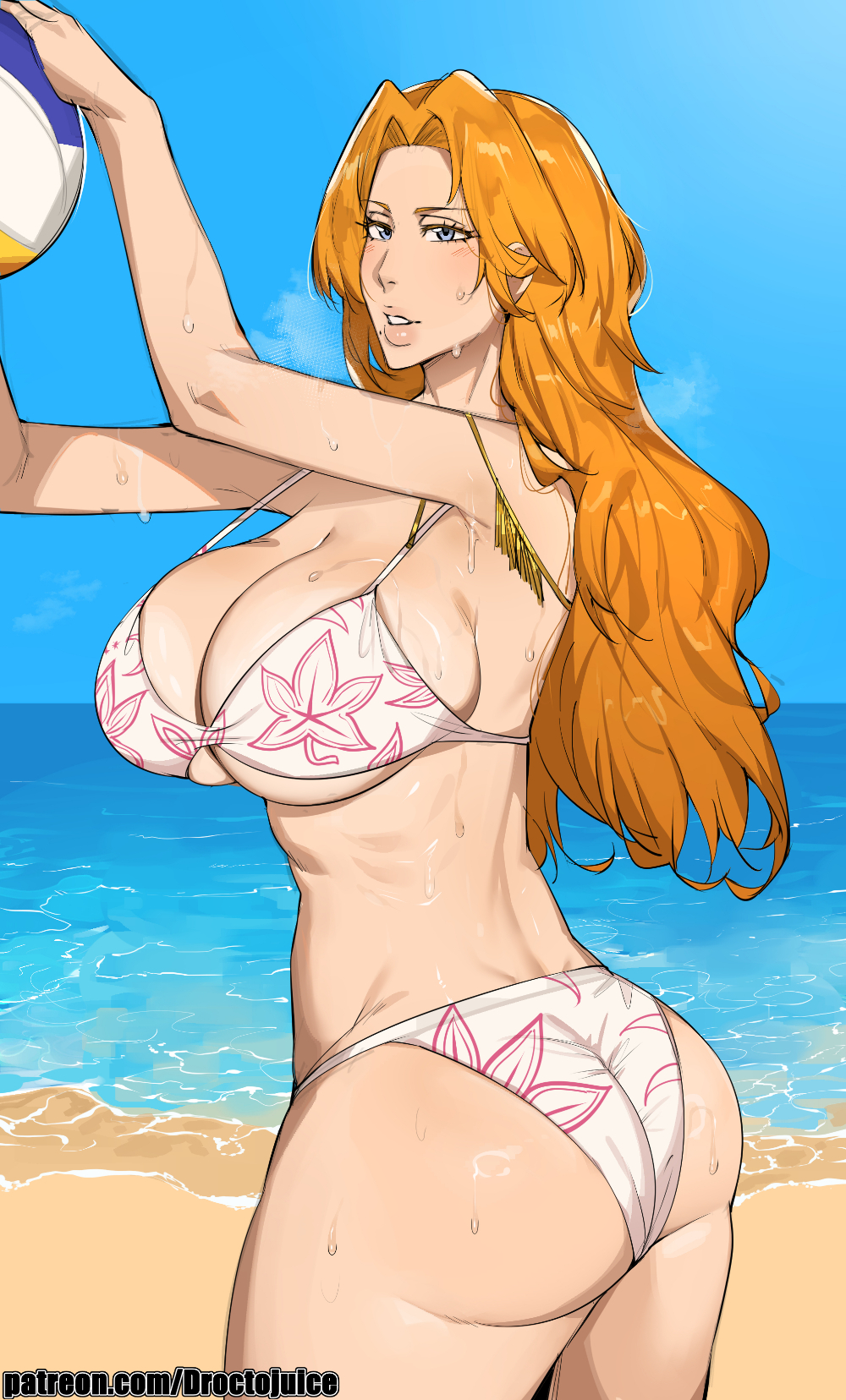 1girls, ass, ass focus, beach, beach ball, beauty mark, big breasts, bikini, bleach, blue eyes, blushing, bobtheneet, breasts, elijahzx, female, female only, huge breasts, light skin, light-skinned female, long hair, matsumoto rangiku, mature, mature female, mature woman, mole, mole under mouth, orange hair, outdoors, outside, side view, solo, solo female, sweat, sweating, thick, thick ass, thick lips, thick thighs, viewed from side