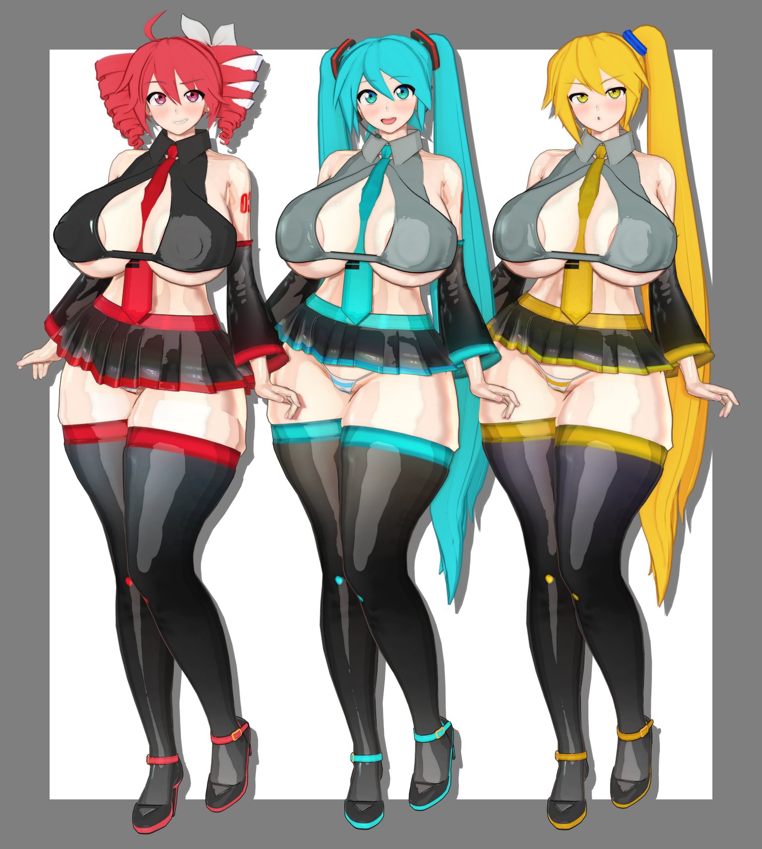 3d, 3girls, ahoge, akita neru, alternate breast size, aqua eyes, aqua hair, areola slip, areolae, big breasts, bikini, blonde hair, blue eyes, blue hair, blush, breasts, breasts bigger than head, cleavage, cleavage cutout, covered nipples, curvaceous, curvy, curvy female, curvy figure, detached sleeves, drill hair, fanloid, female, female only, full body, gigantic breasts, gloves, hair ornament, hairbow, hatsune miku, heels, high heels, holding object, huge breasts, idohori people, ineffective skirt, kasane teto, kasane teto (sv), large areolae, large breasts, leotard, lollipop, long hair, looking at viewer, massive breasts, micro bikini, microskirt, miniskirt, multiple girls, navel, navel visible through clothes, necktie, necktie between breasts, open mouth, panties, ponytail, red eyes, red hair, side ponytail, sideboob, skindentation, skirt, smile, striped, striped bikini, striped panties, synthesizer v, thick thighs, thighhighs, thighs, triple baka (vocaloid), twin drills, twintails, underboob, underwear, utau, very long hair, vocaloid, voluptuous, voluptuous female, white background, wide hips, yellow eyes, yellow hair, yellow necktie