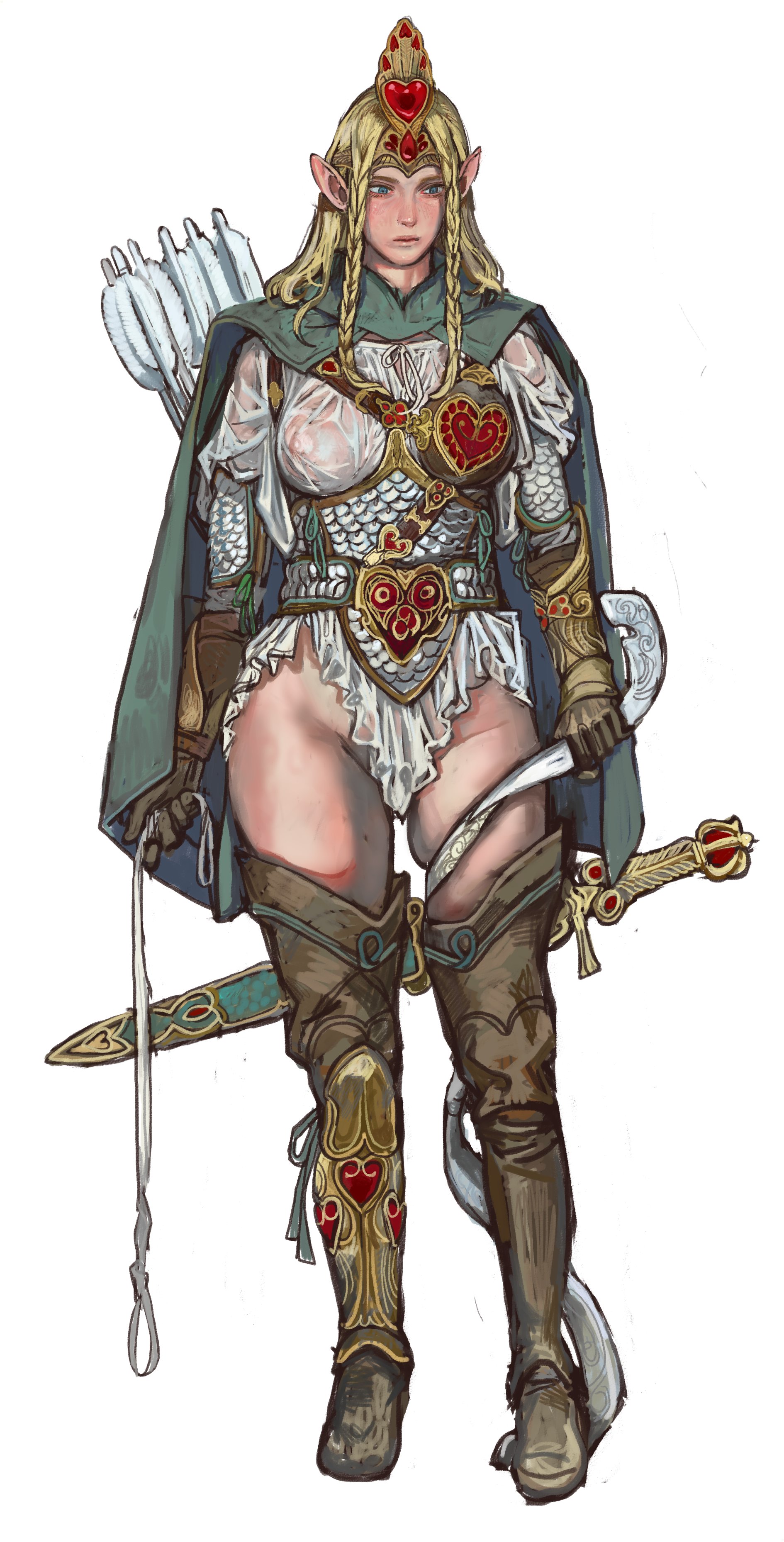 1girls, blonde hair, cape, elf, female, mossa, no panties, see-through, standing, warrior, white background