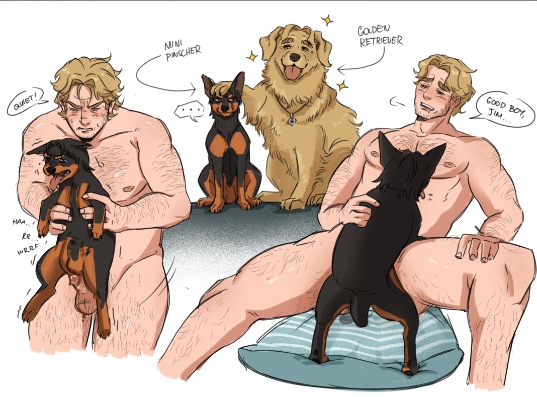animal genitalia, balls, bestiality, blood, canid, canine, canis, colored, curly (mouthwashing), domestic dog, doodle, feral, feral on human, gay, golden retriever, human, human on feral, in pain, jimmy (mouthwashing), male, male/male, mouthwashing, nude, penetration, penis, pinscher, praise, sheath, size difference, wagging tail, zoophilia