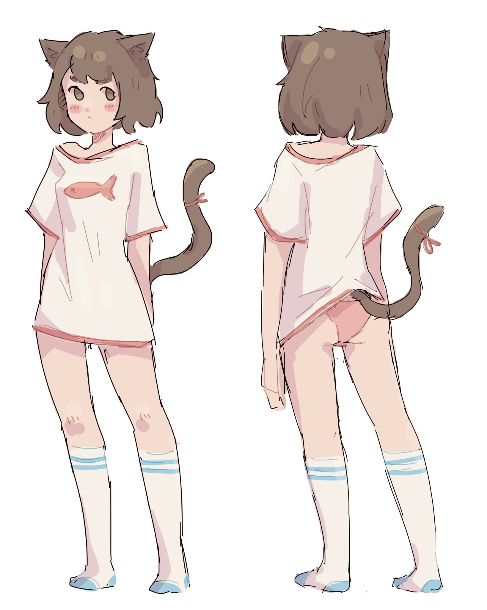 1girls, 2022, animal ears, ass, blush, brown eyes, brown hair, bunnie doom, cat ears, cat girl, cat tail, catgirl, cute, female, kneehighs, looking at viewer, no pants, no shoes, original, oversized clothes, oversized shirt, panties, pink panties, ribbon, shirt, shirt lift, standing, tagme, tail, tail ribbon