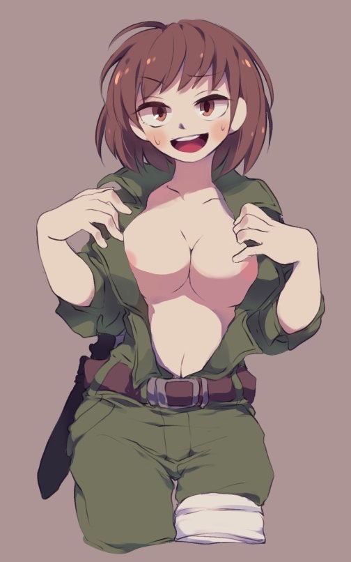 1girls, at, black, breasts, brown, chara, chara au, clothing, edit, exposed breasts, eyes, female, female chara, green, hair, hands, human, knife, lari ut, looking, looking at viewer, on, only, solo, stomach, swapfell, swapfell chara, undertale, undertale au, viewer