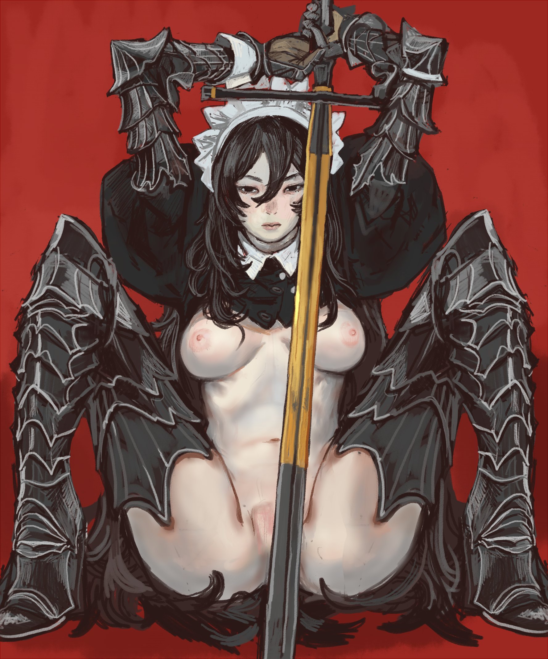 1girls, armor, armored boots, armored gloves, black hair, breasts, convenient censoring, executioner maid (centurii-chan), female, holding weapon, light skin, light-skinned female, medium breasts, mossa, no bra, no panties, nude, pale skin, pale-skinned female, pussy, red background, sitting, solo, strategically covered, sword, weapon, zweihander