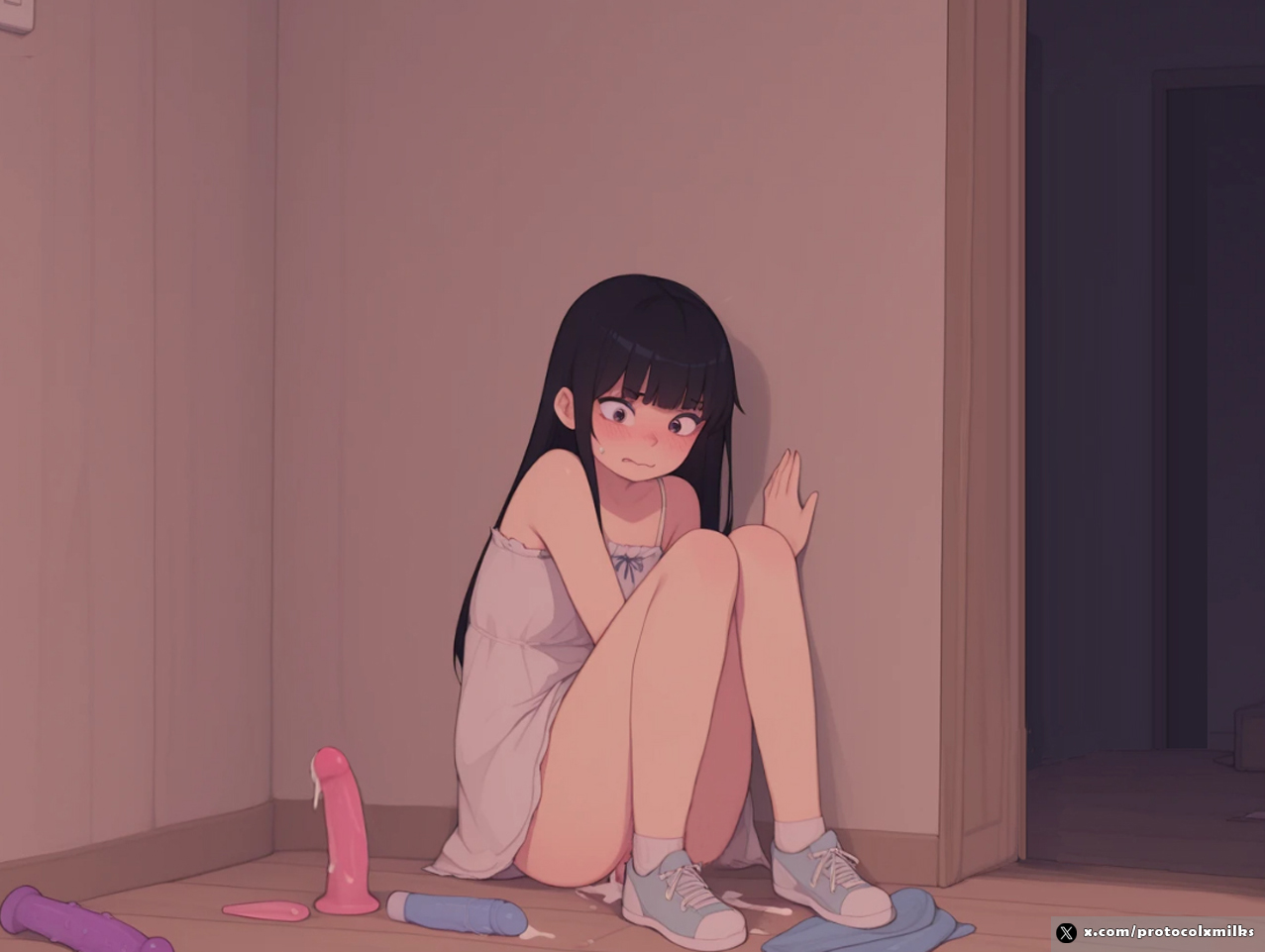 after sex, ai generated, bangs, bare shoulders, black eyes, black hair, blue footwear, blunt bangs, blush, caught, closed mouth, collarbone, cute, dildo, dildo insertion, door, dress, embarrassed, female, full body, indoors, knees together feet apart, knees up, long hair, looking down, nose blush, protocolxmilks, pussy juice, sex toy, shoes, short dress, sidelocks, sister, sitting, sleeveless, sleeveless dress, socks, solo, spaghetti strap, squirting, sweat, vibrator, watermark, white dress, white socks, wide-eyed, wooden floor