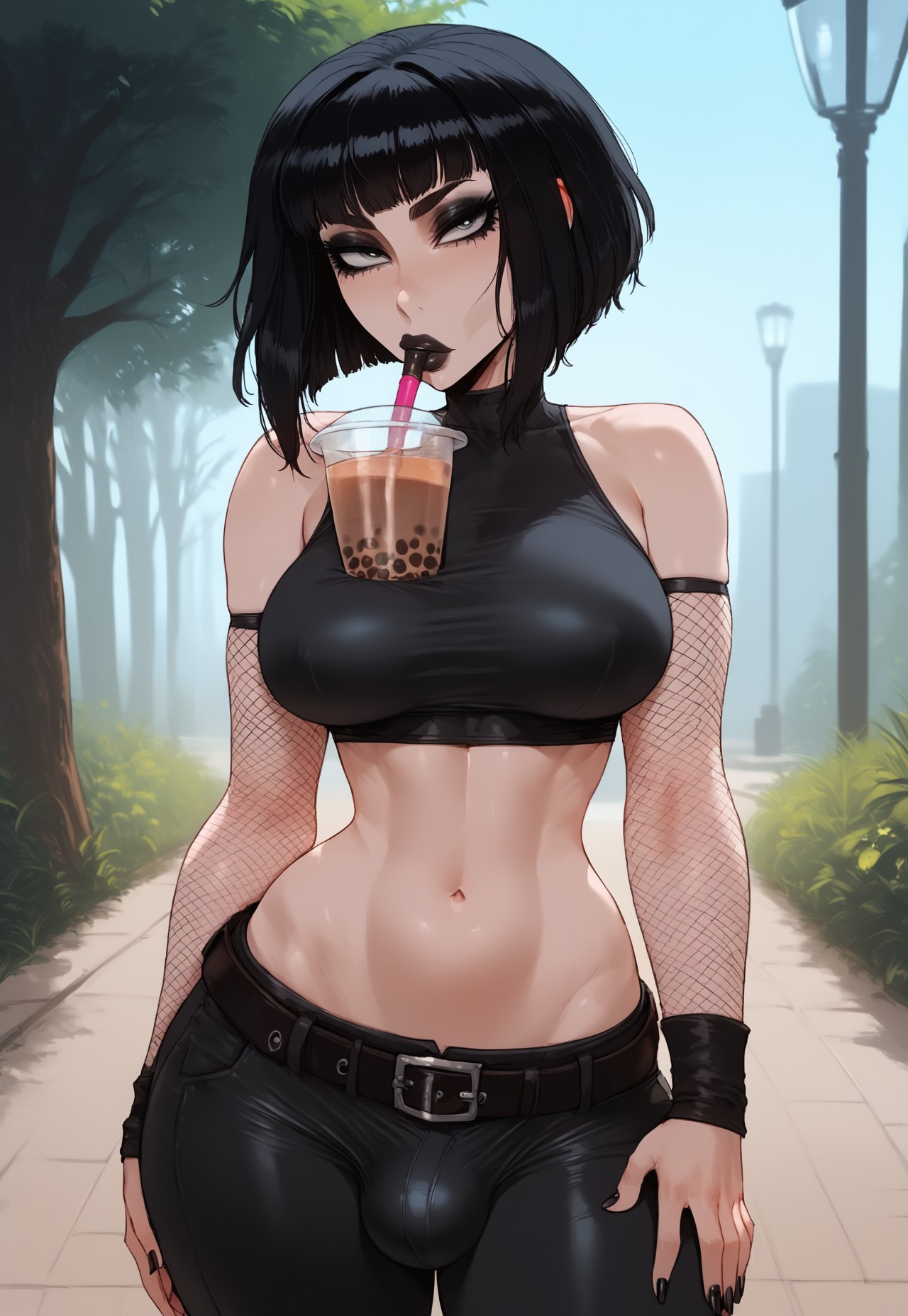 1futa, ai generated, armwarmer, ass, balls, bangs, belly, belly button, belt, big ass, big belt, big breasts, big butt, big hips, big penis, black eyebrows, black eyelashes, black eyeliner, black eyes, black eyeshadow, black hair, black lip, black lips, black lipstick, black pants, black shirt, breasts, bulge, bulge through clothing, bulge under clothes, character request, cleavage, dick, dickgirl, drink on breasts, eyebrows, eyelashes, eyeliner, eyes, eyeshadow, female, fishnet, fishnet arm warmers, fishnet armwear, fishnet gloves, fishnets, futa focus, futa only, futanari, goth, goth futa, goth girl, gothic, gothic girl, grin, grinning, grinning at viewer, hair, hands-free, huge cock, indoors, intersex, latex clothing, latex pants, lips, lipstick, long hair, looking at viewer, makeup, medium breasts, medium hair, medium penis, midriff, mouth, narrow waist, narrowed eyes, navel, navel line, nose, original, original character, pants, pants bulge, penis, sadism, seducing, seductive, seductive eyes, seductive gaze, seductive look, seductive mouth, seductive pose, seductive smile, shirt, short hair, smile, smile at viewer, smiley face, smooth balls, smooth penis, smooth skin, solo, solo dickgirl, solo focus, solo futa, tank top, testicles, top wea, topwear, valerie (velarin), velarin
