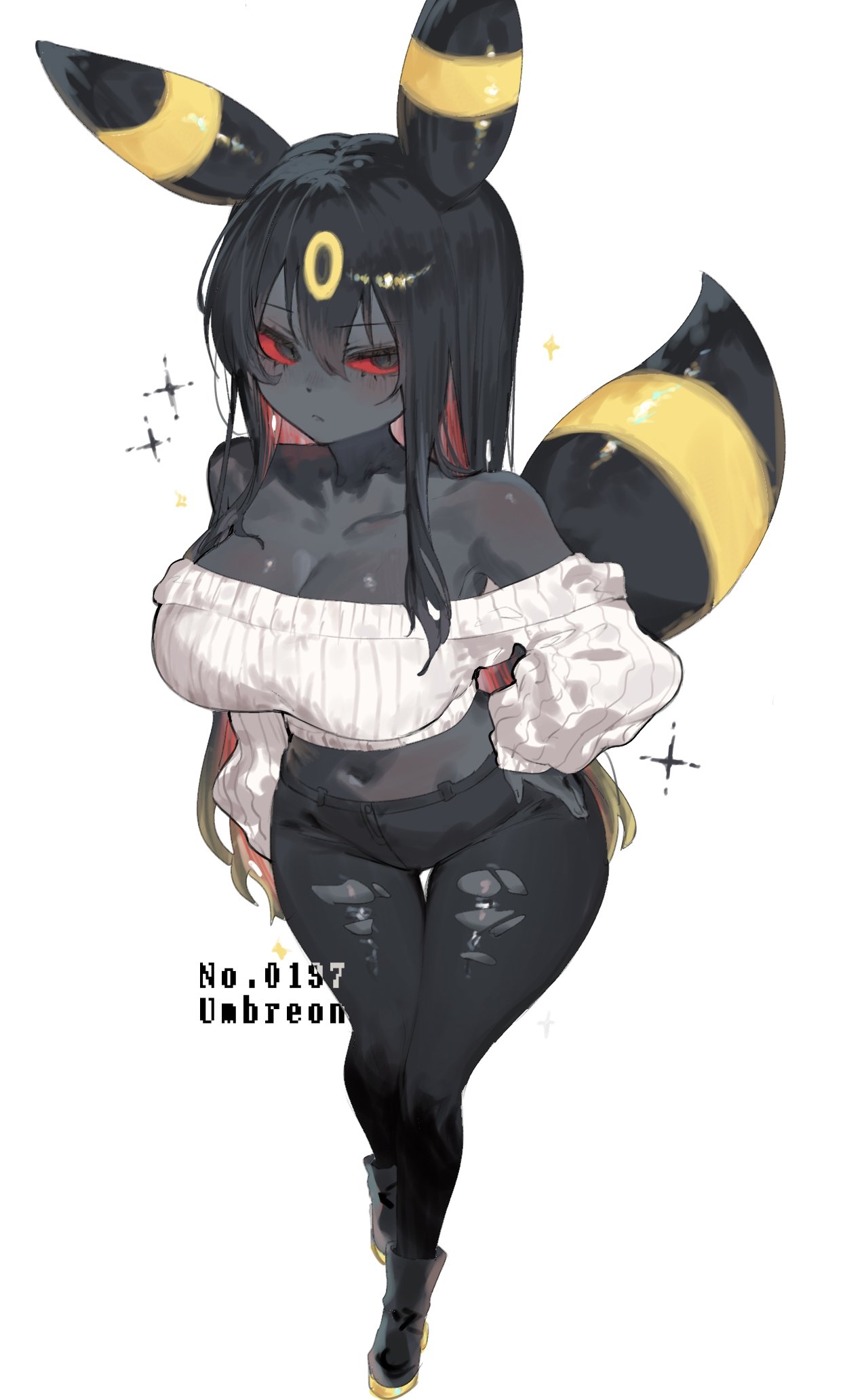 1girls, 2025, bare shoulders, big breasts, black eyes, black hair, breasts, cleavage, clothing, eeveelution, english text, female, female only, game freak, generation 2 pokemon, hi res, humanoid, long hair, looking at viewer, nintendo, pokemon, pokemon (species), pokemorph, red sclera, solo, text, toge77789, togetoge, umbreon, white background
